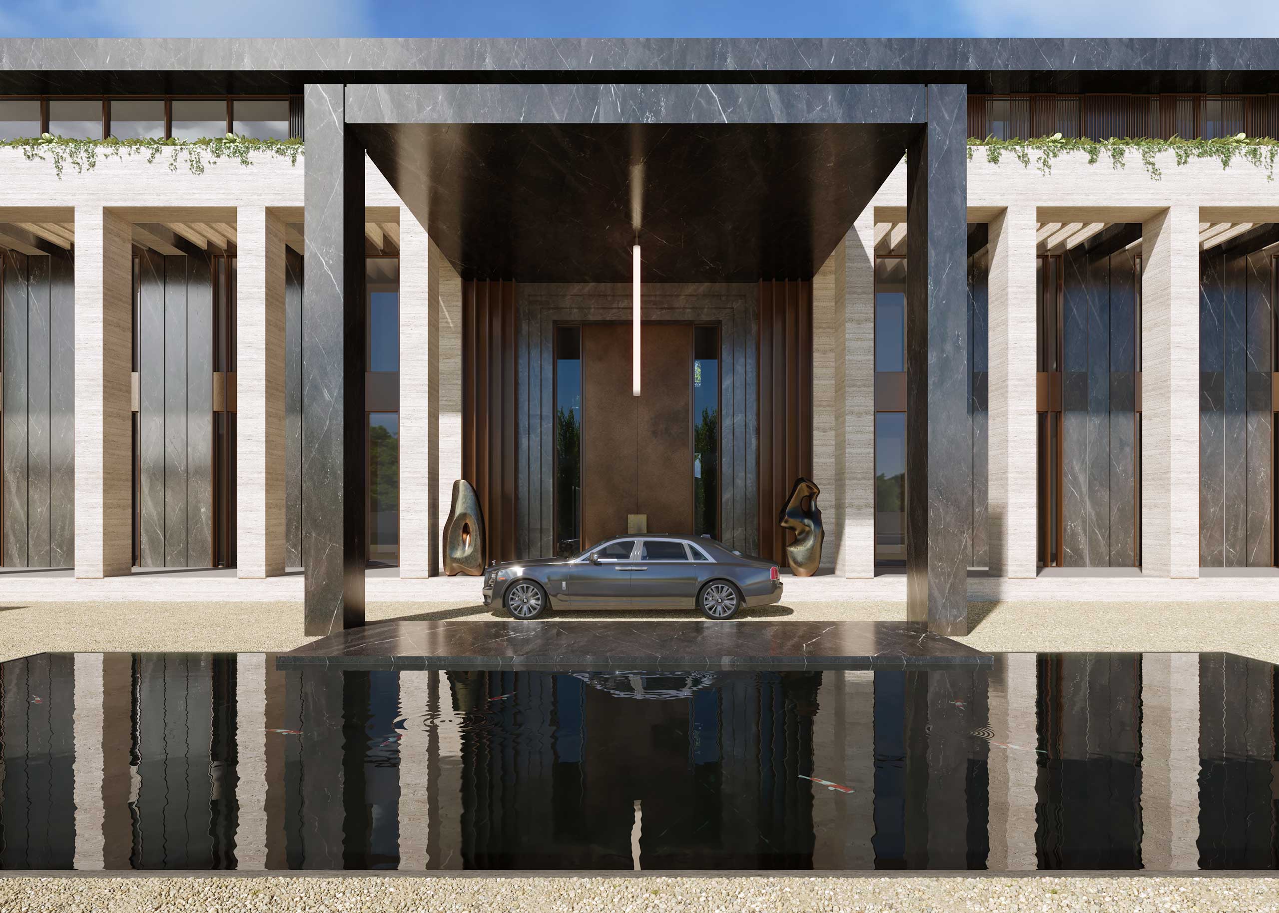 A luxury car is parked under a sleek, modern portico with dark marble elements and tall columns. The setting is elegant, reflecting sophistication and grandeur.