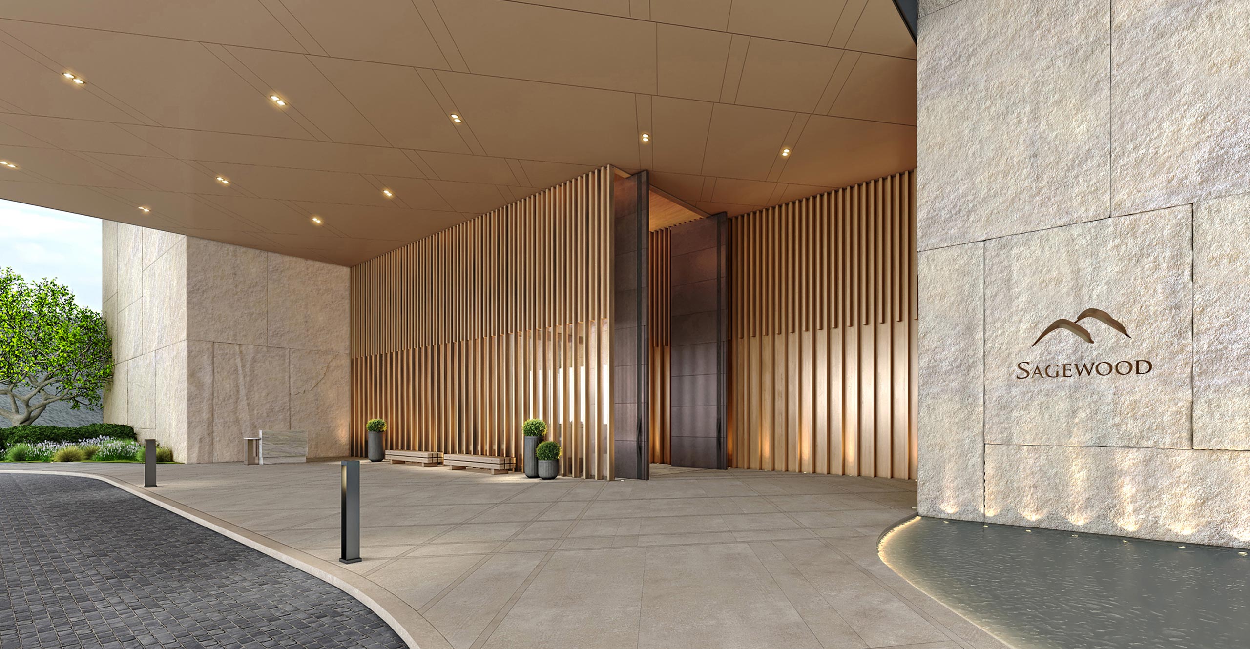 Elegant modern resort building entrance with tall vertical wood paneling, a warm-toned ceiling with recessed lighting, potted plants, and a nearby water feature.