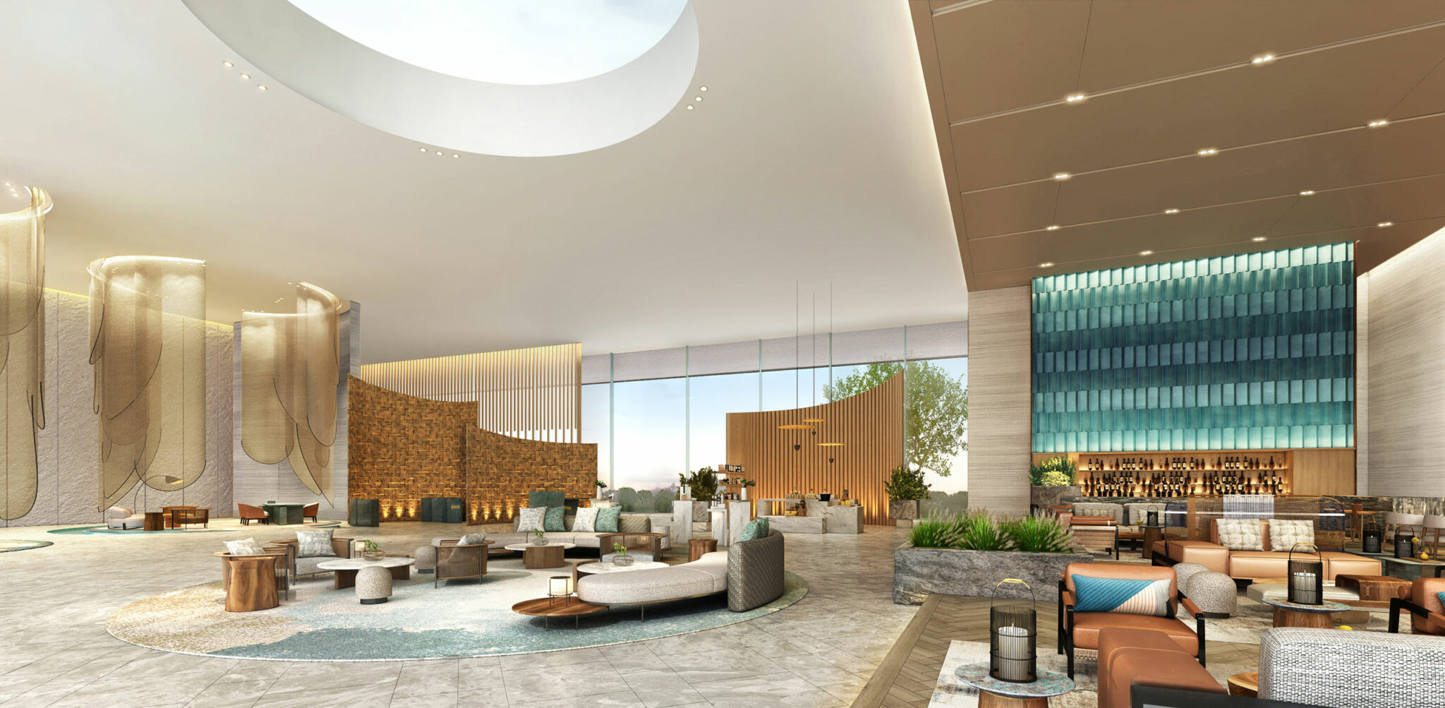 Spacious resort lobby with modern decor, featuring circular seating, soft lighting, large windows, and a skylight. Warm tones create an inviting ambiance.