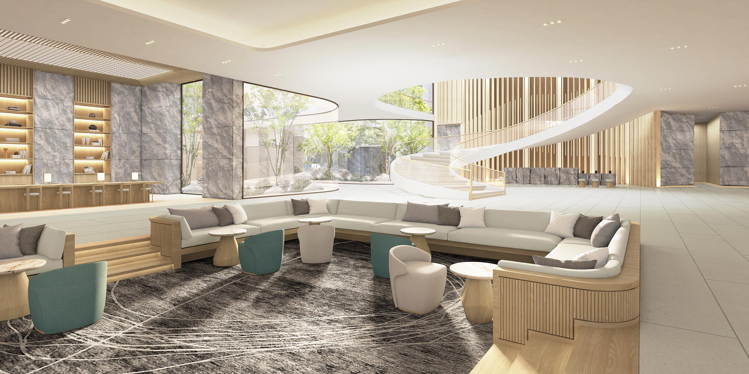 Luxurious resort lobby with modern design, featuring a large, curved sofa, elegant wooden furnishings, spiral staircase, and floor-to-ceiling windows.