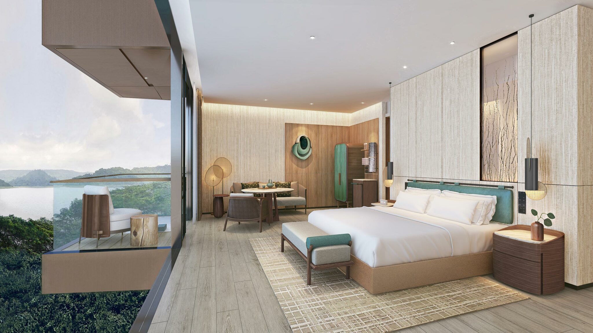 Modern resort bedroom with luxurious decor featuring a large bed, wooden accents, soft lighting, and a floor-to-ceiling window offering a scenic lake view.