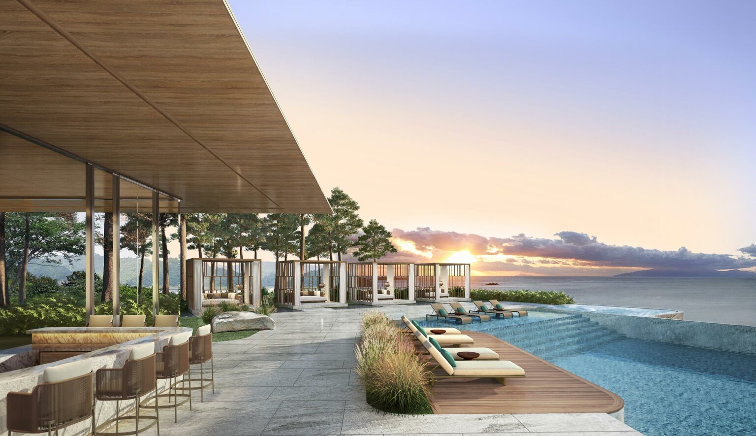 Luxurious outdoor poolside scene at sunset. Modern lounge area with wooden furniture, umbrellas, trees, and ocean view, evoking tranquility and relaxation.