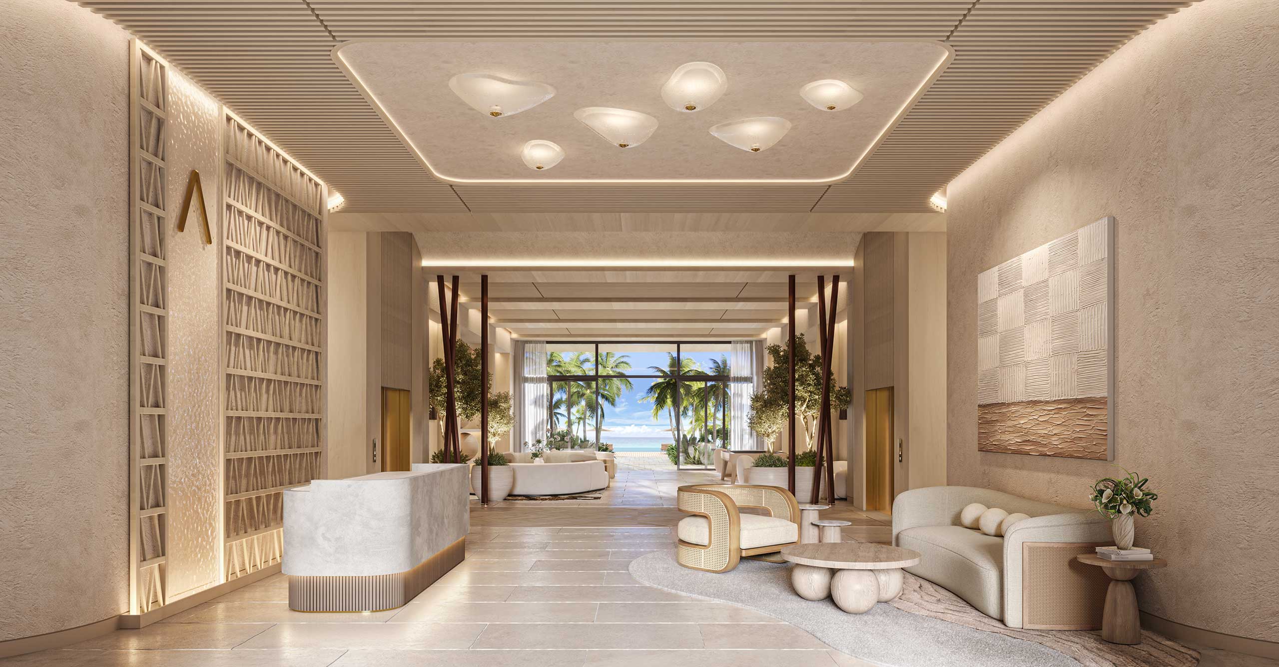 Spacious, elegant residential lobby with neutral tones. Modern furniture, large artwork, ceiling lights, and a window view of palm trees and the ocean. Serene atmosphere.