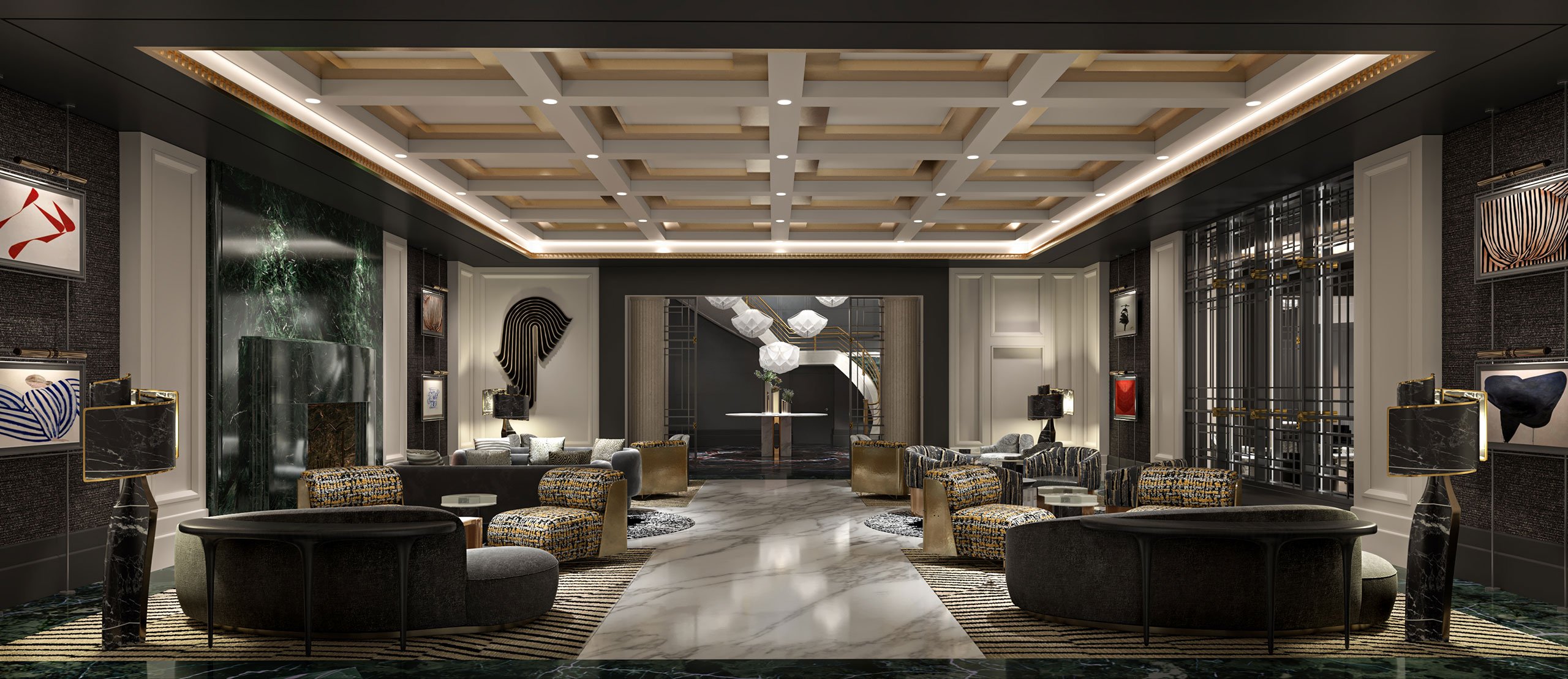 Luxurious hotel lobby with elegant decor, featuring plush seating, artistic wall panels, and modern lighting. The space feels sophisticated and inviting.