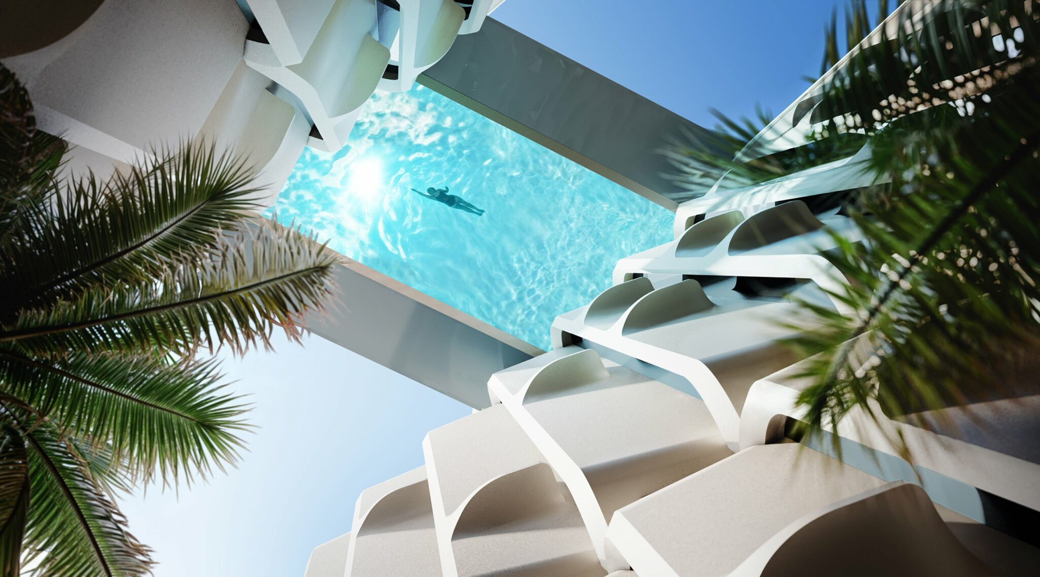 A modern rooftop pool with a person swimming is seen from below. Sunlight reflects on the water. Palm leaves frame the scene, conveying a tropical vibe.