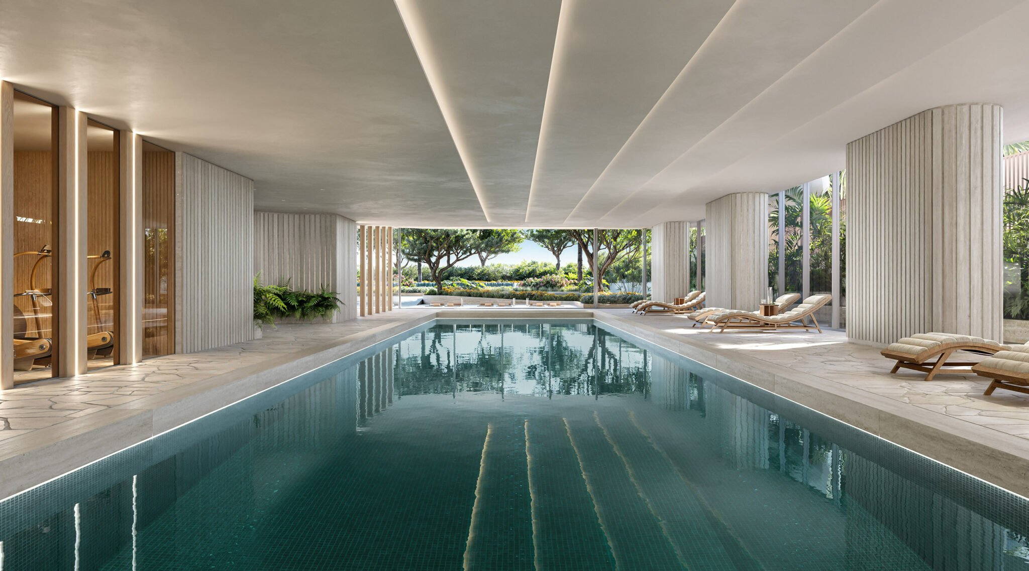 Indoor pool area with large skylight, surrounded by potted plants and modern sun loungers. The space feels serene, with trees visible outside.