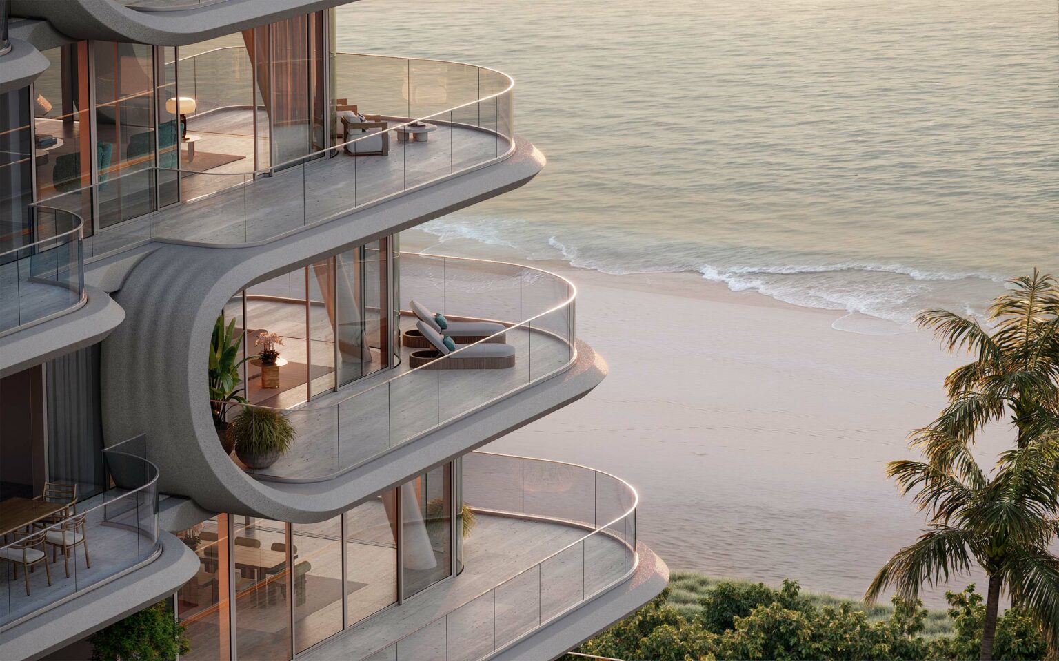 Curved modern balconies overlook a serene beach and calm ocean. Glass railings and cozy furniture evoke relaxation and luxury amidst lush palm trees.