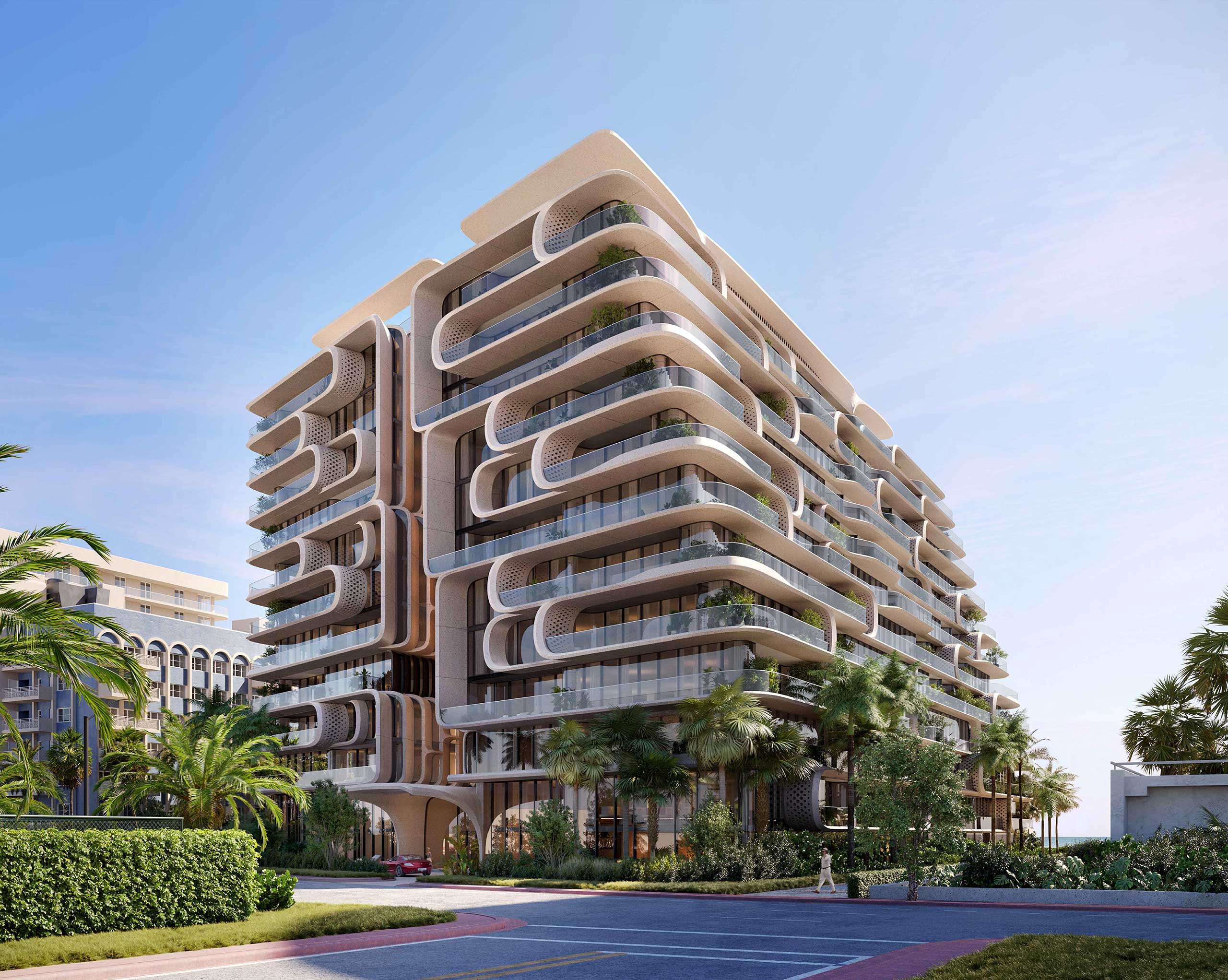 Exterior of Surfside Miami featuring a futuristic building with curved balconies and modern design, surrounded by palm trees. The structure has a sleek, luxurious, and innovative appearance.