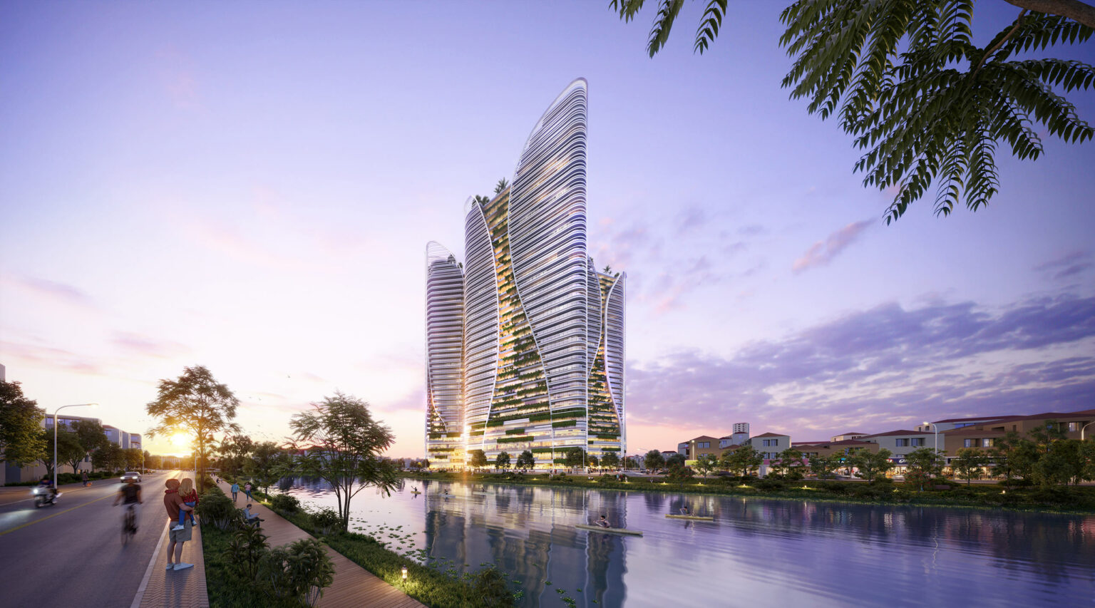 Futuristic skyscrapers with curved designs reflect in a tranquil river at sunset. People stroll along a tree-lined walkway, conveying calm and elegance.