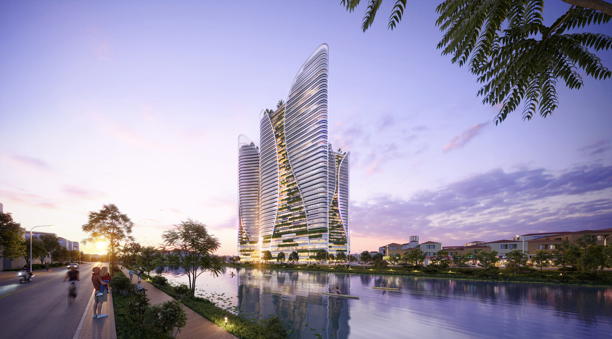 Futuristic skyscrapers with curved designs reflect in a tranquil river at sunset. People stroll along a tree-lined walkway, conveying calm and elegance.