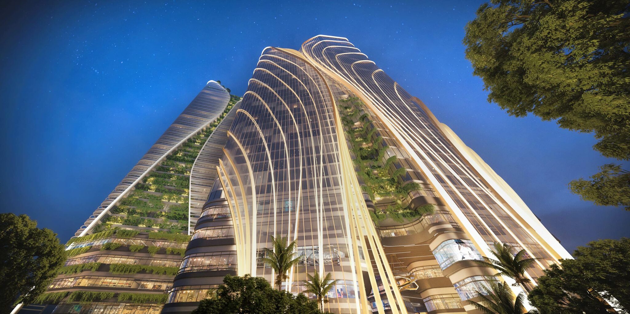 Facade of Swissotel Hotel Haiphong Vietnam Facade, featuring skyscrapers with curved lines and greenery under a starry sky. Glass facades reflect light, conveying innovation and sustainability.