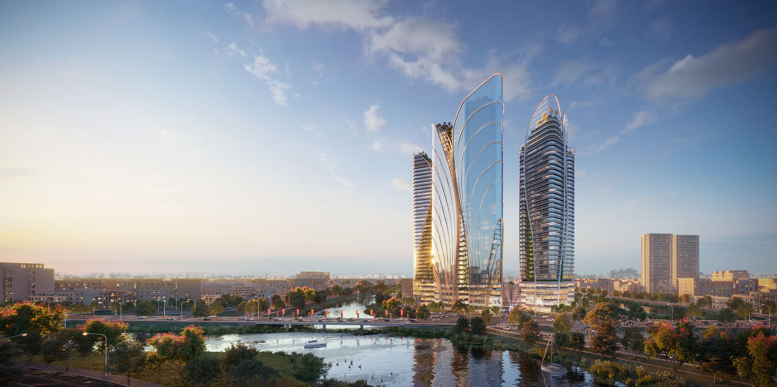 Futuristic skyline with three modern skyscrapers at sunset. Buildings feature sleek, curved designs, surrounded by a river, reflecting a serene evening glow.