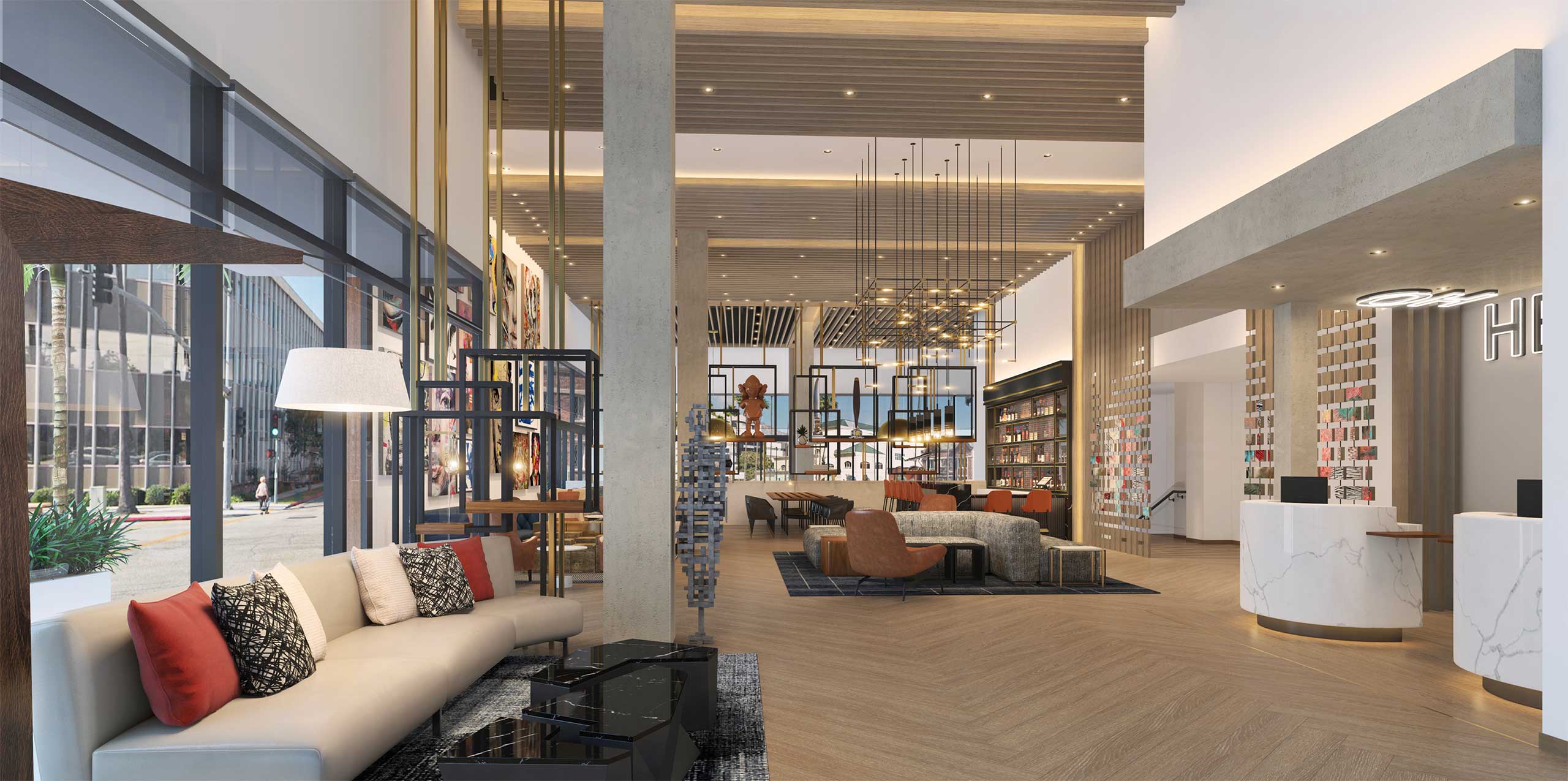 Modern hotel lobby with tall ceilings, warm lighting, and elegant decor. Features plush seating, contemporary art, and a welcoming atmosphere.