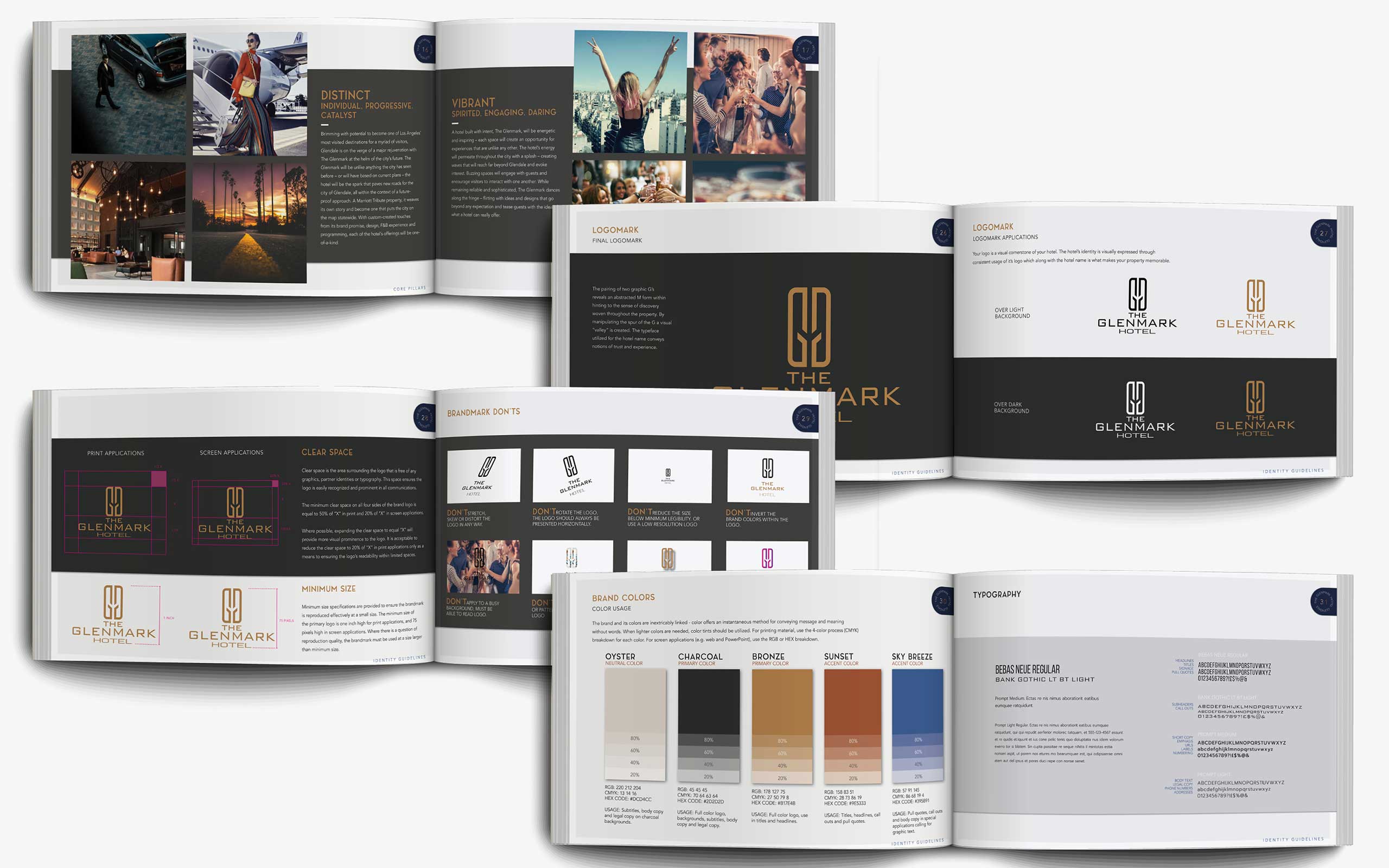 A multi-page brand guideline booklet for The Glenmark hotel. It features logo designs, color palettes, typography, and lifestyle photos. The tone is professional and stylish.
