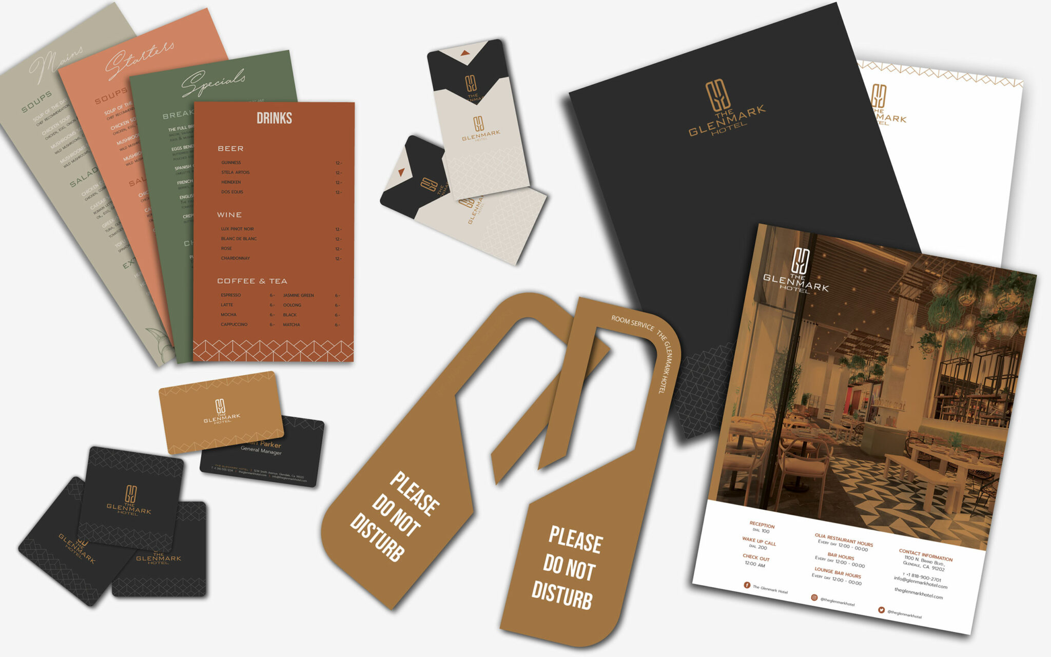 The Glenmark Hotel branding materials include menus, 