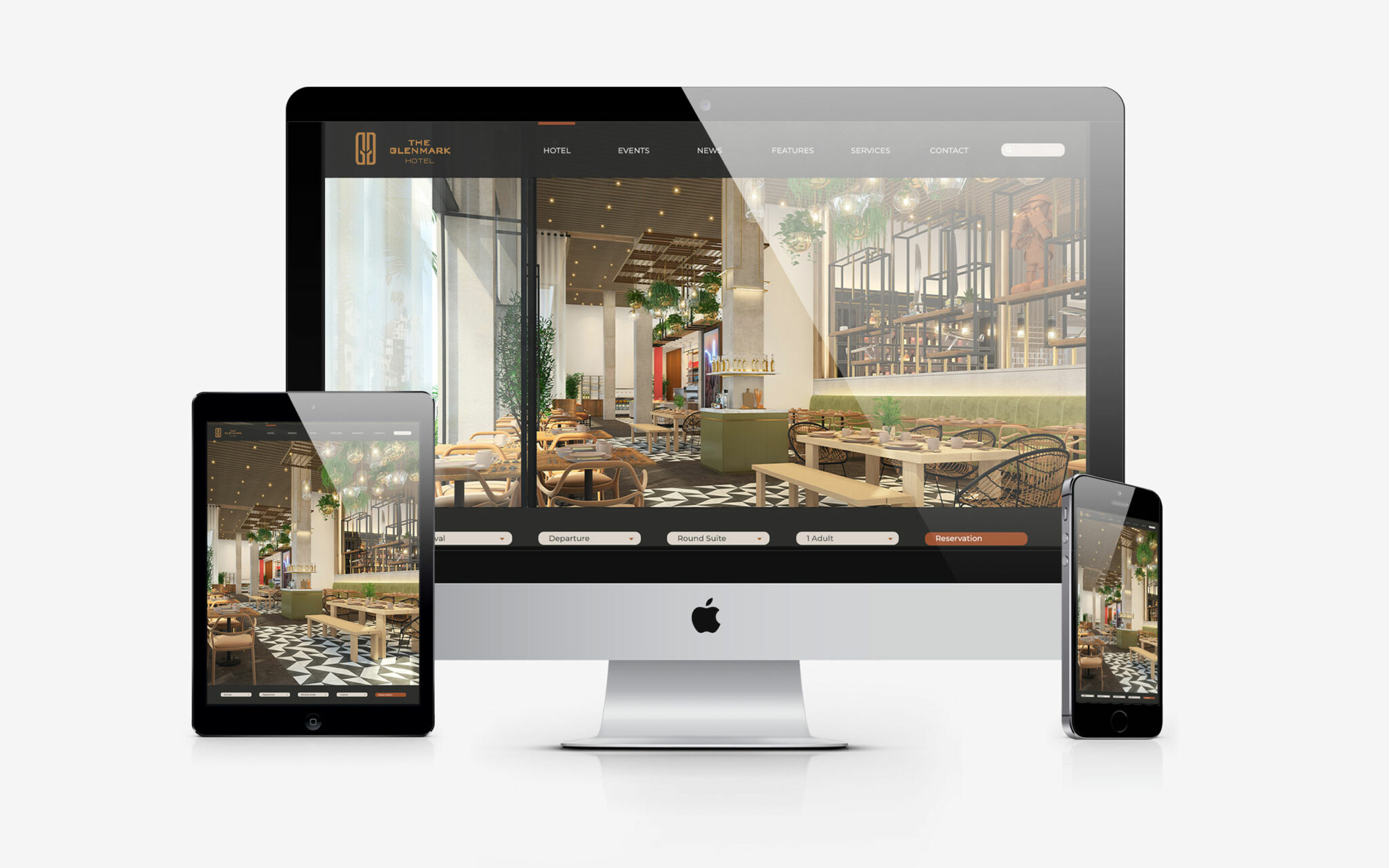 Olia Restaurant branding collaterals, featuring a restaurant website displayed on a desktop, tablet, and smartphone. The design is sleek with wooden decor and greenery.