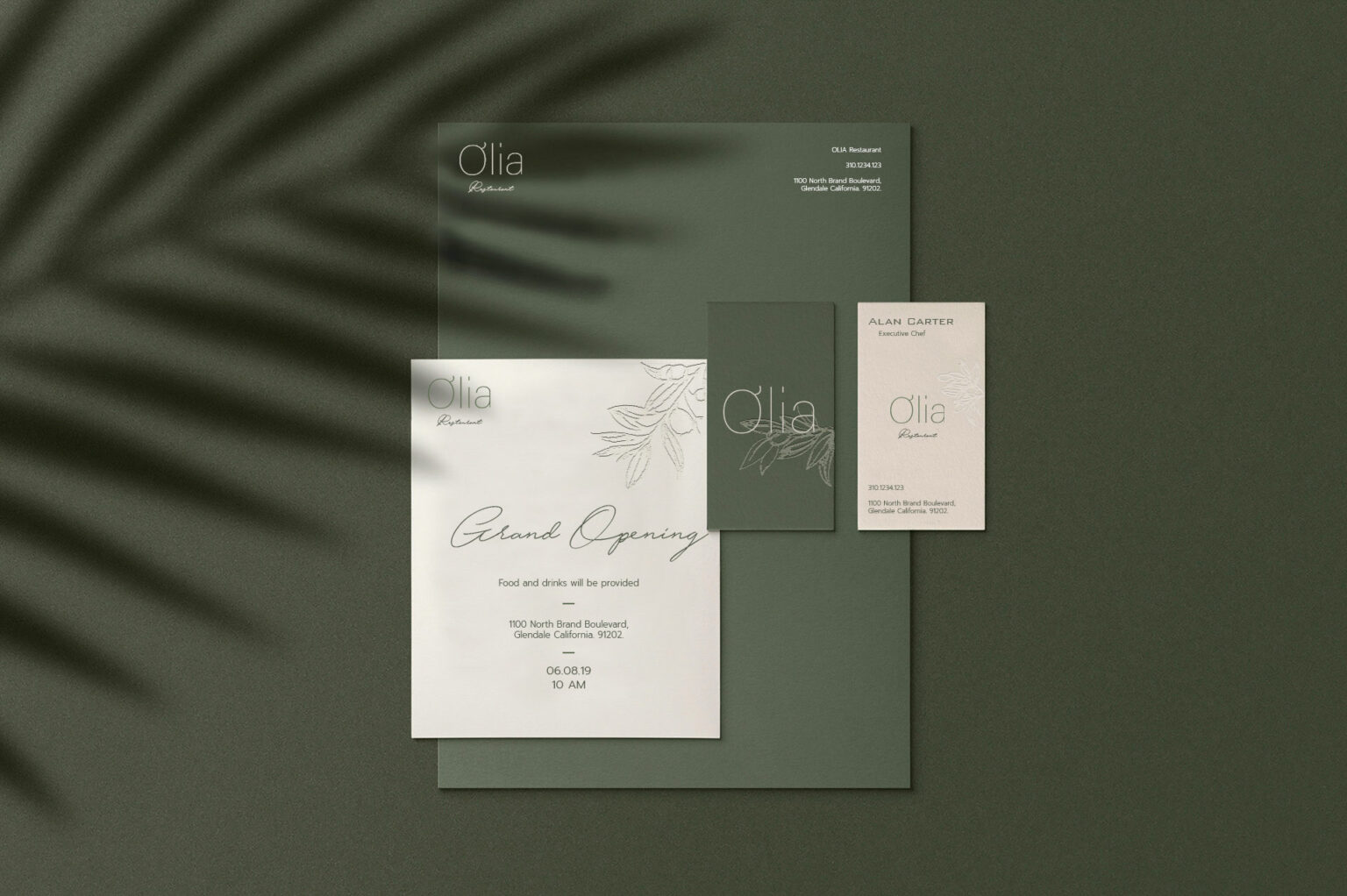 Olia Restaurant branding collaterals, featuring a stationery set with a modern design. Includes an invitation reading 