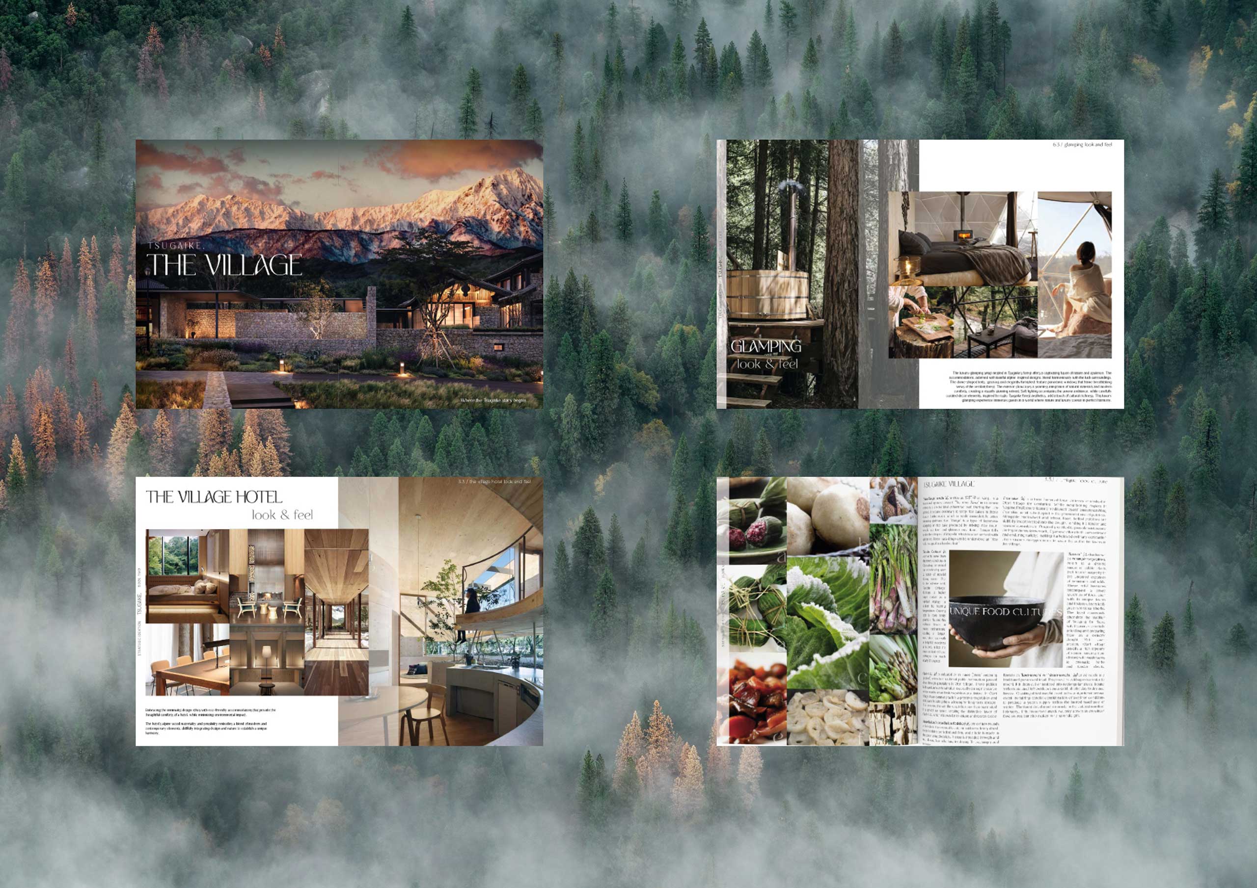 Tsugaike Village, Hakuba Valley branding materials include a collage of luxury travel magazine spreading over misty pine forest and featuring a modern hotel, cozy glamping scenes, fresh produce, and elegant interiors.