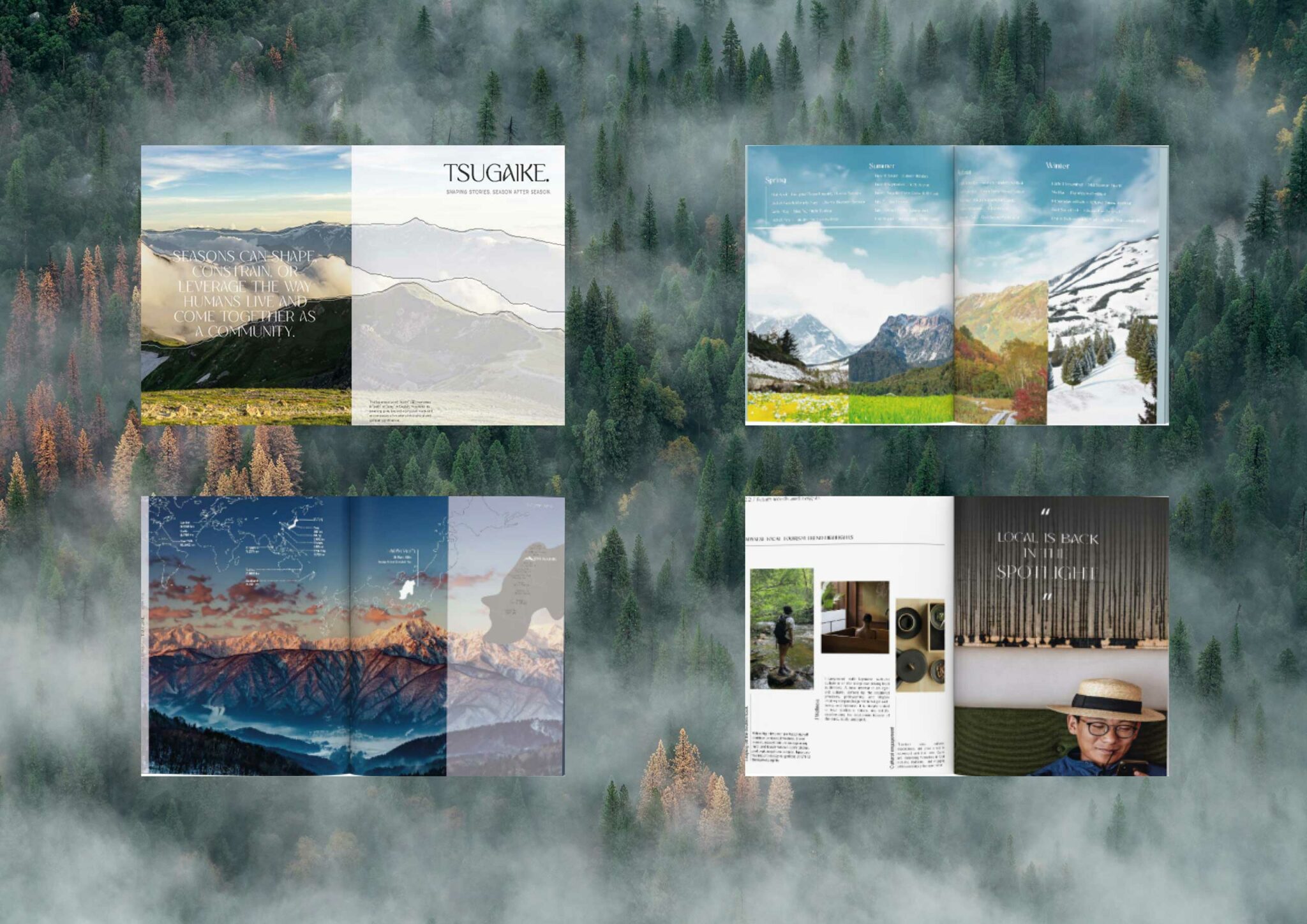 Tsugaike Village, Hakuba Valley branding materials include a collage of nature-themed magazine spreading overlaid on a misty, forested background. Features scenic mountains, seasonal changes, and serene portraits.