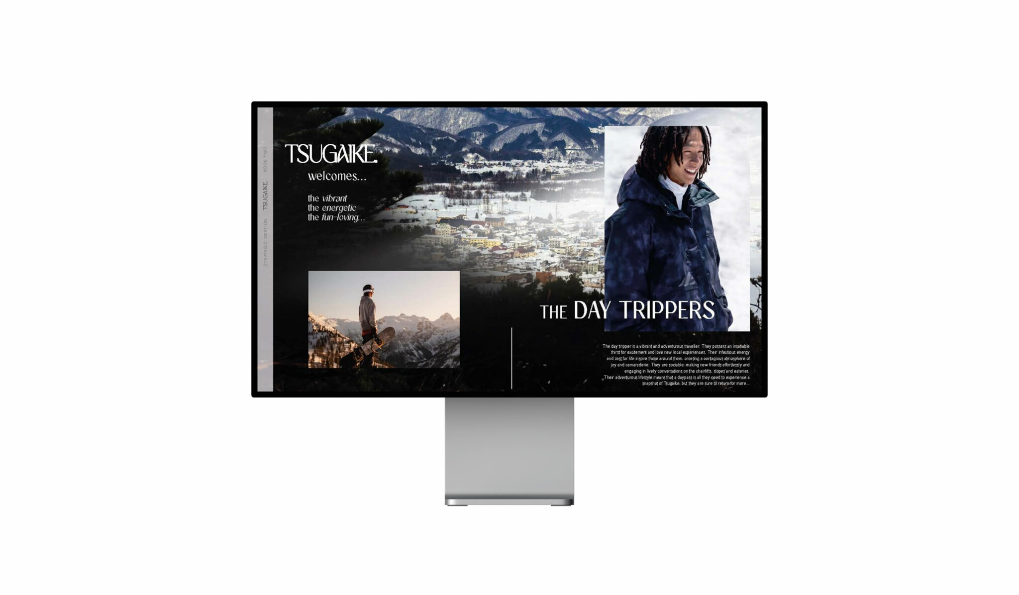Tsugaike Village, Hakuba Valley branding materials include a website homepage showing a smiling person in winter attire and another holding a snowboard surrounded by snowy mountains. The website homepage also features text: 