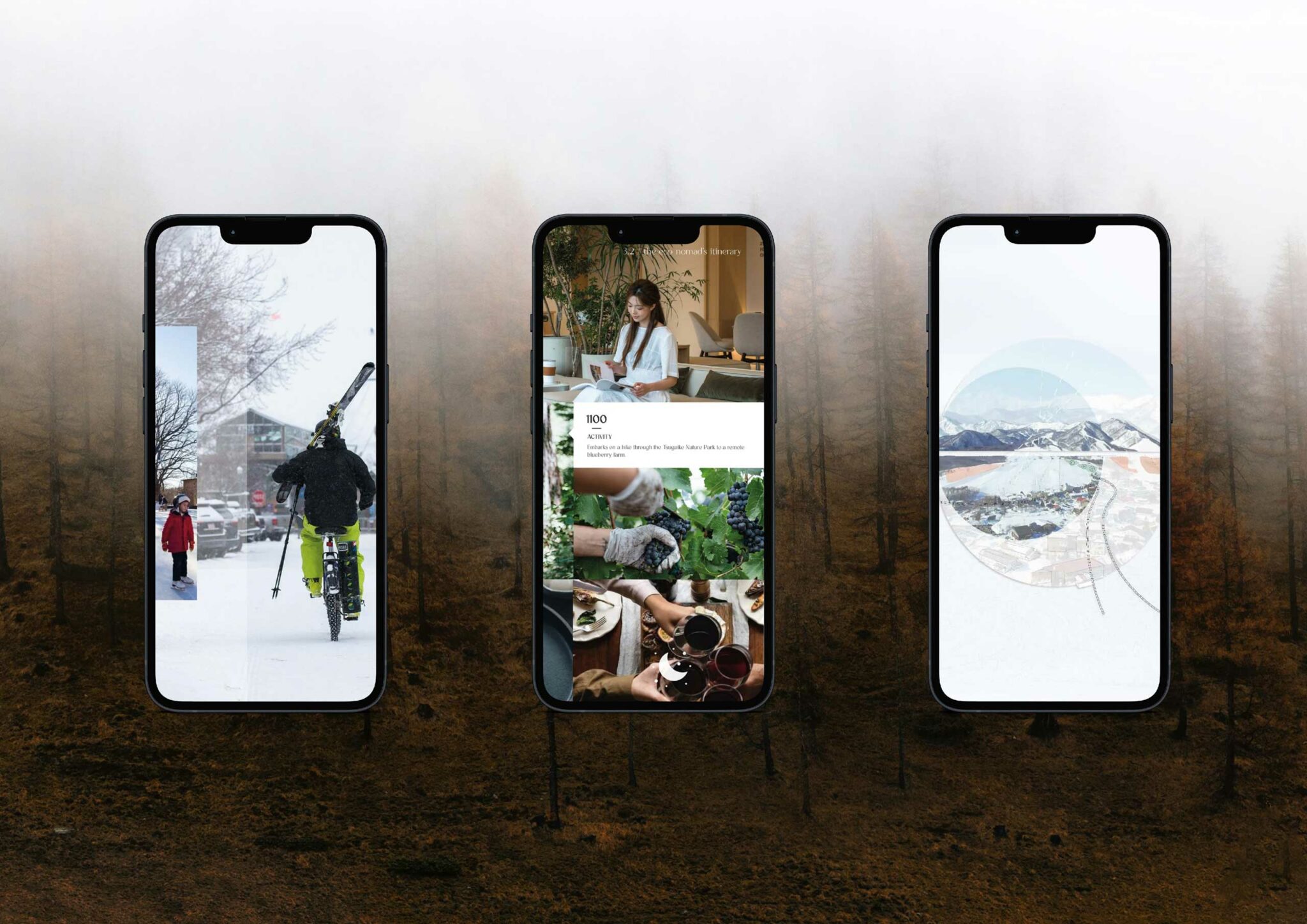 Tsugaike Village, Hakuba Valley branding materials include three smartphones displaying different images: skiing in winter, a woman enjoying tea, and a circular landscape with mountains, on a misty forest background.