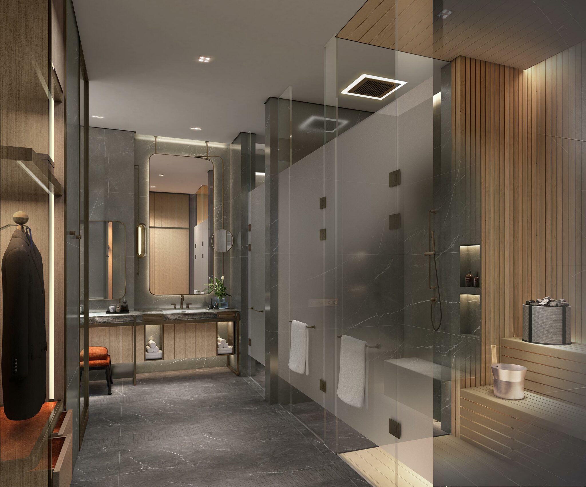 Luxurious workplace bathroom featuring sleek marble surfaces, a large mirror, glass shower, and built-in wooden sauna. Warm lighting creates a serene atmosphere.