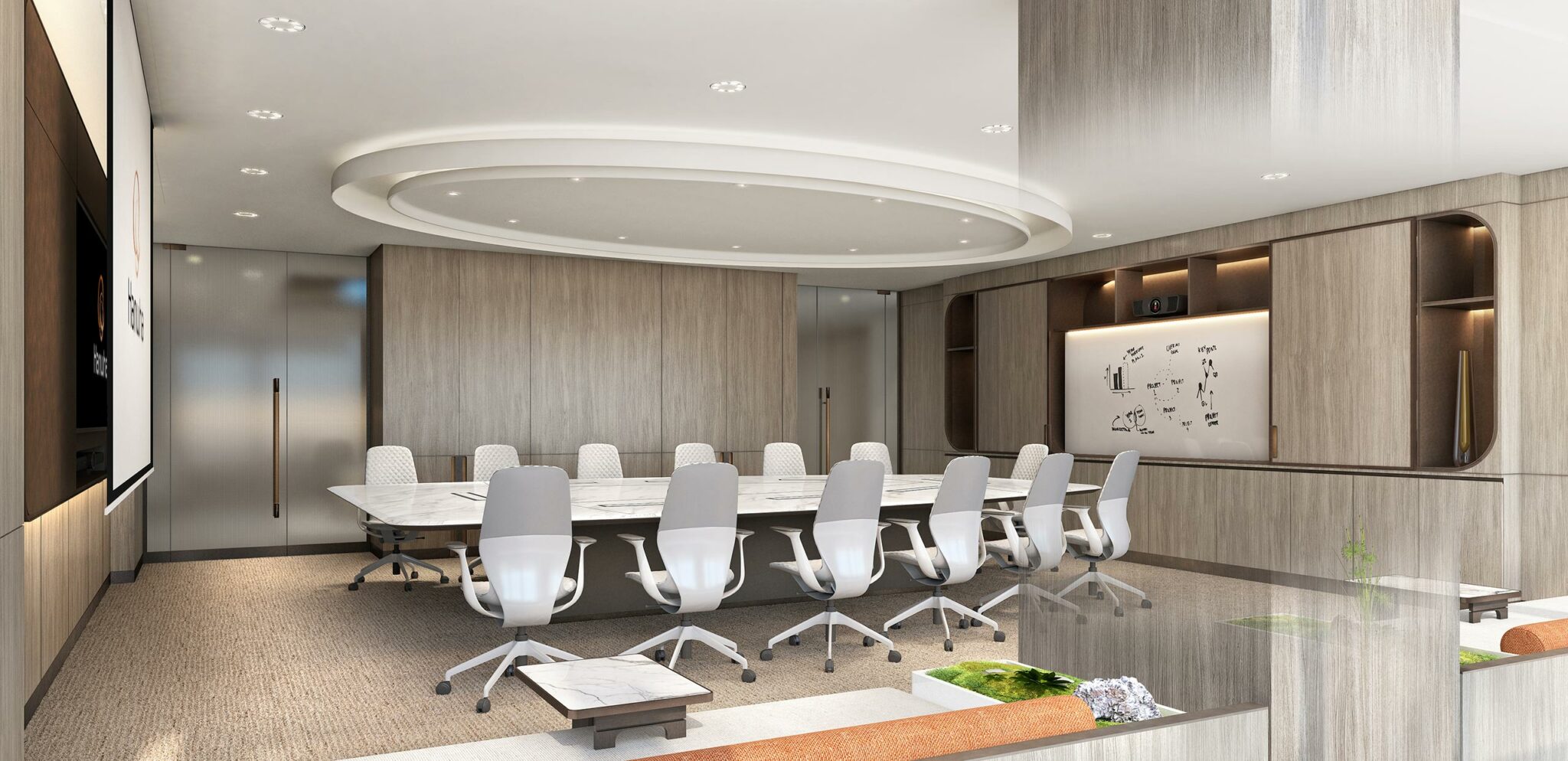 Modern conference room with a large oval table, twelve white chairs, wood-paneled walls, and a whiteboard. The atmosphere is professional and sleek.