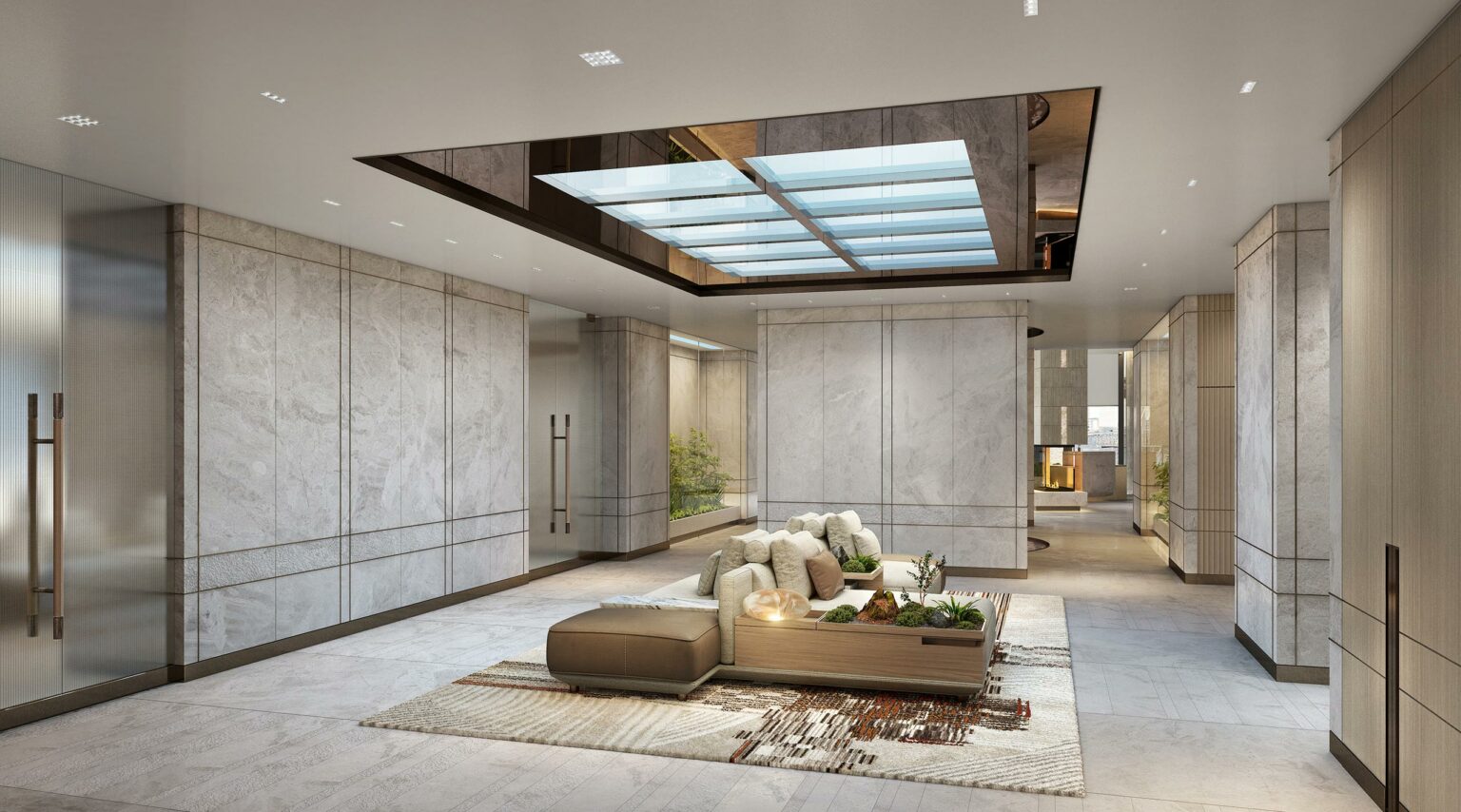 Spacious modern workplace lobby with marble walls, plush seating, and a skylight ceiling. Earth-toned decor and indoor plants create a serene, elegant atmosphere.