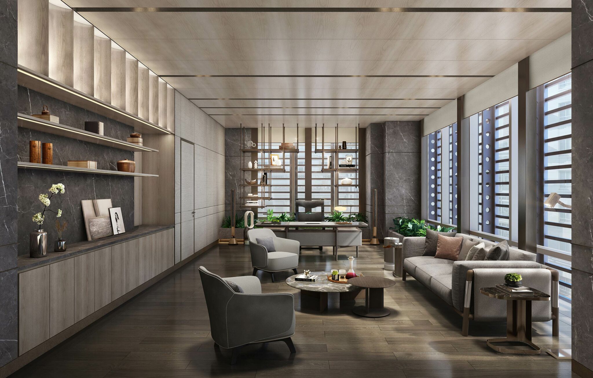 Modern office lounge with wooden accents, featuring a large desk, bookshelves, and cozy seating. Large windows allow natural light, creating a welcoming atmosphere.