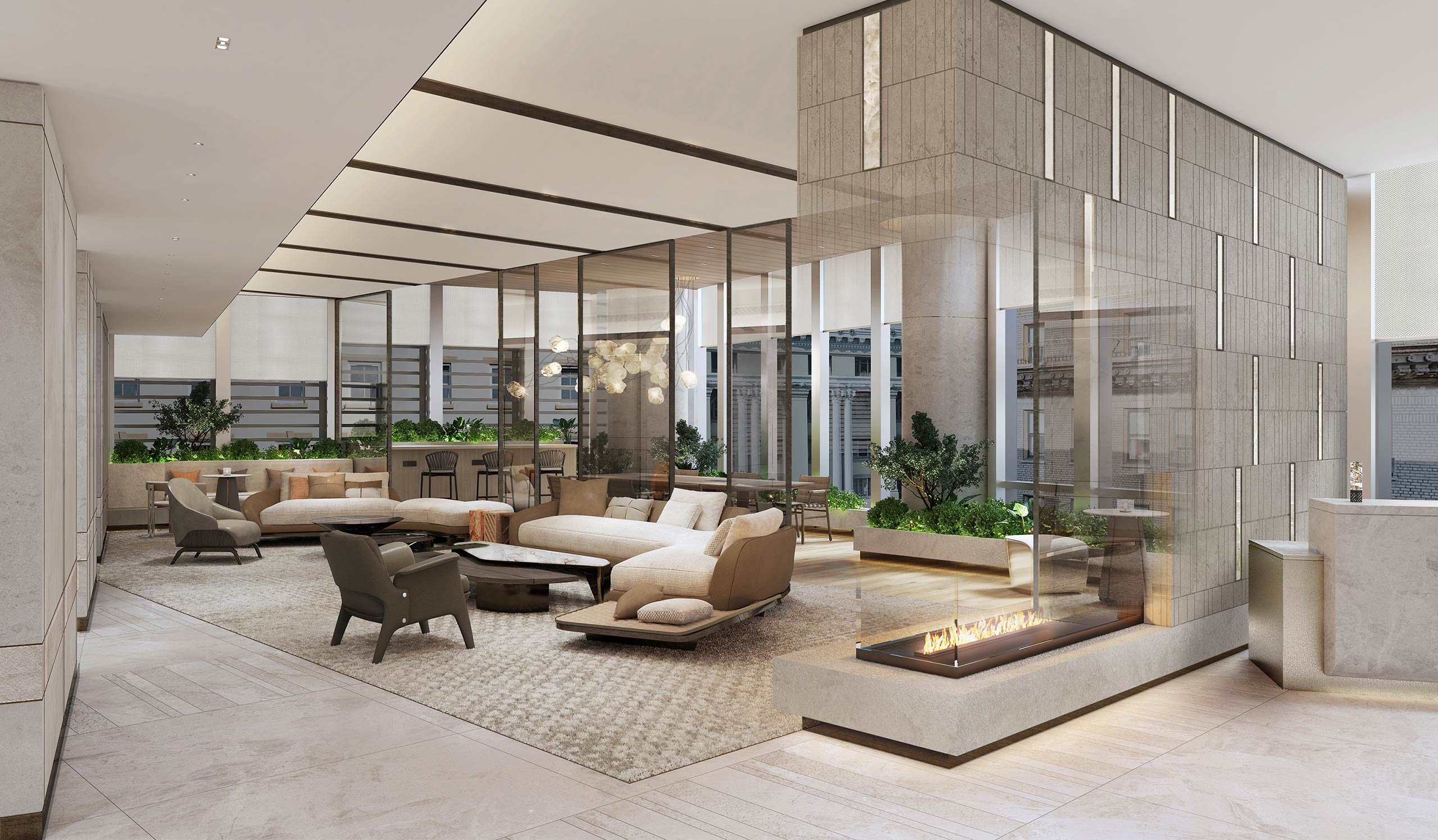 Sophisticated modern office lounge with beige decor, plush seating, and a sleek glass fireplace. Floor-to-ceiling windows and greenery create an airy, relaxing atmosphere.