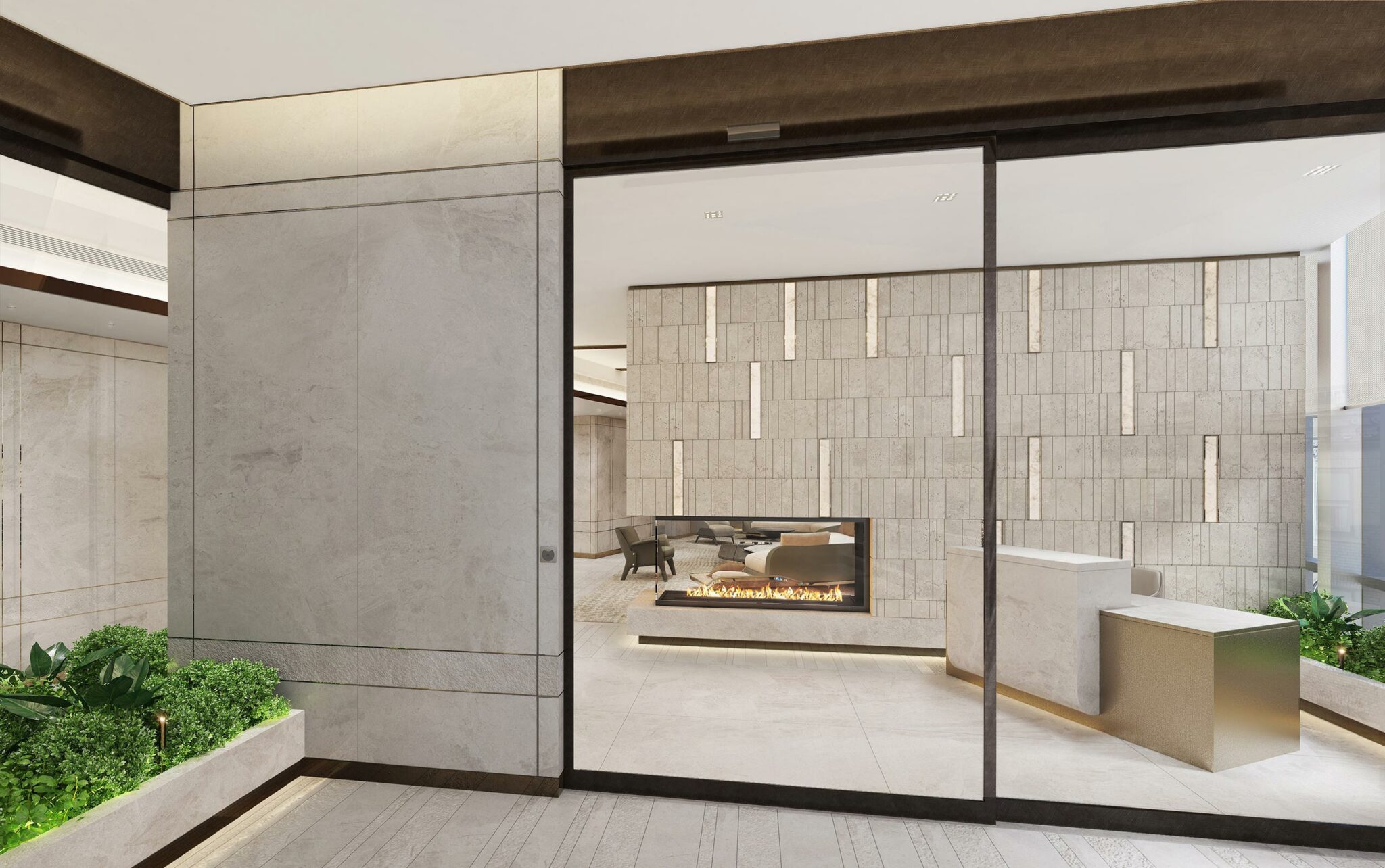 Modern office lounge with a sleek, vertical-patterned stone wall and a central fireplace. Large windows reveal a minimalist patio with plants. Bright, cozy ambiance.