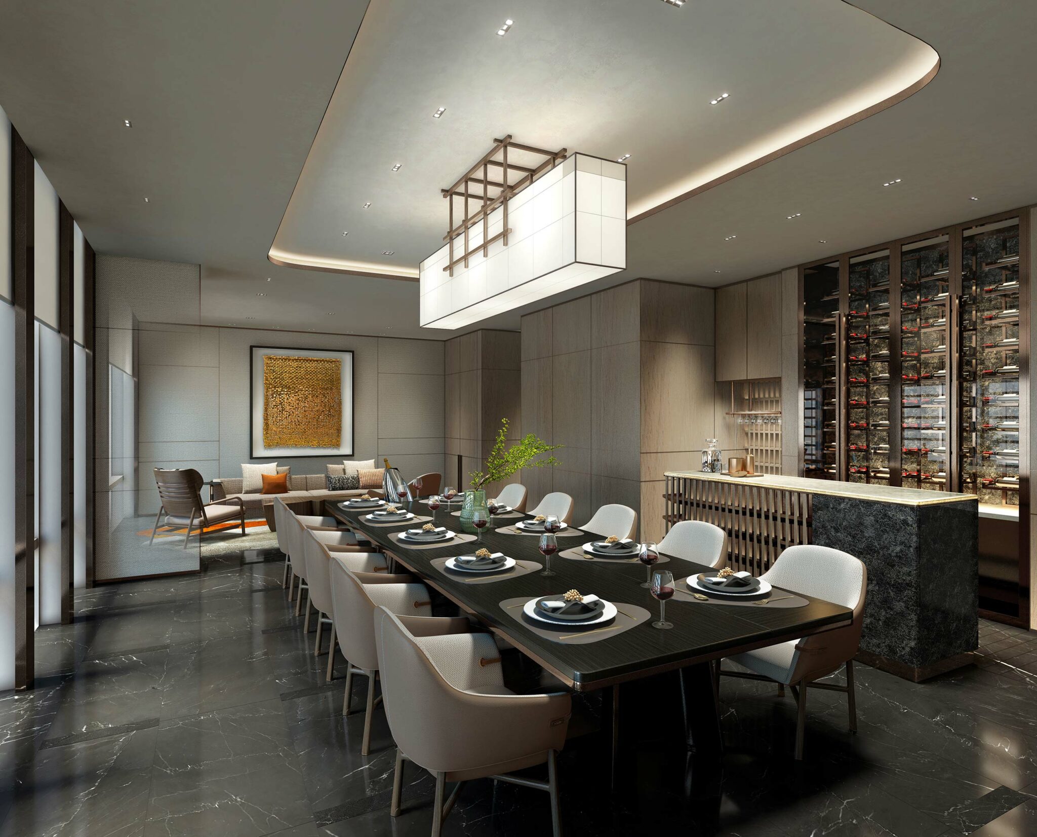 Elegant workplace dining room with a long dark table set for ten, modern beige chairs, and a glowing ceiling light. A wine rack and framed art add sophistication.