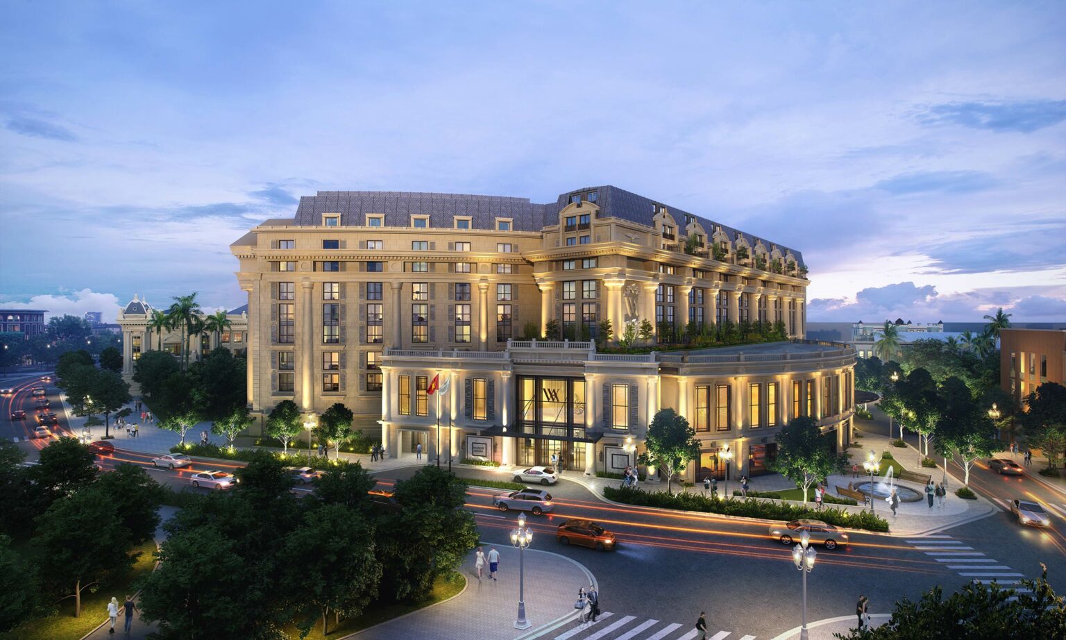 Exterior of Waldorf Hanoi Opera Hotel, Vietnam, featuring an elegant hotel exterior at dusk with warm lighting and classical architecture.