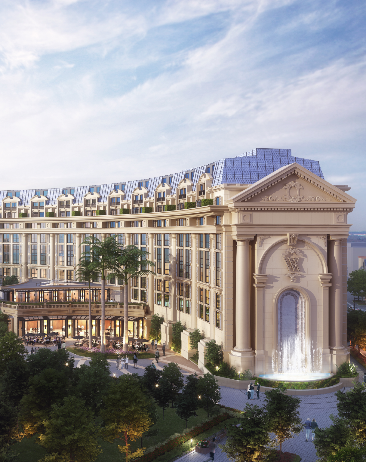 Exterior of Waldorf Hanoi Opera Hotel, Vietnam, featuring a grand hotel with Neoclassical architecture with large windows, ornate details, and a central, arched façade.