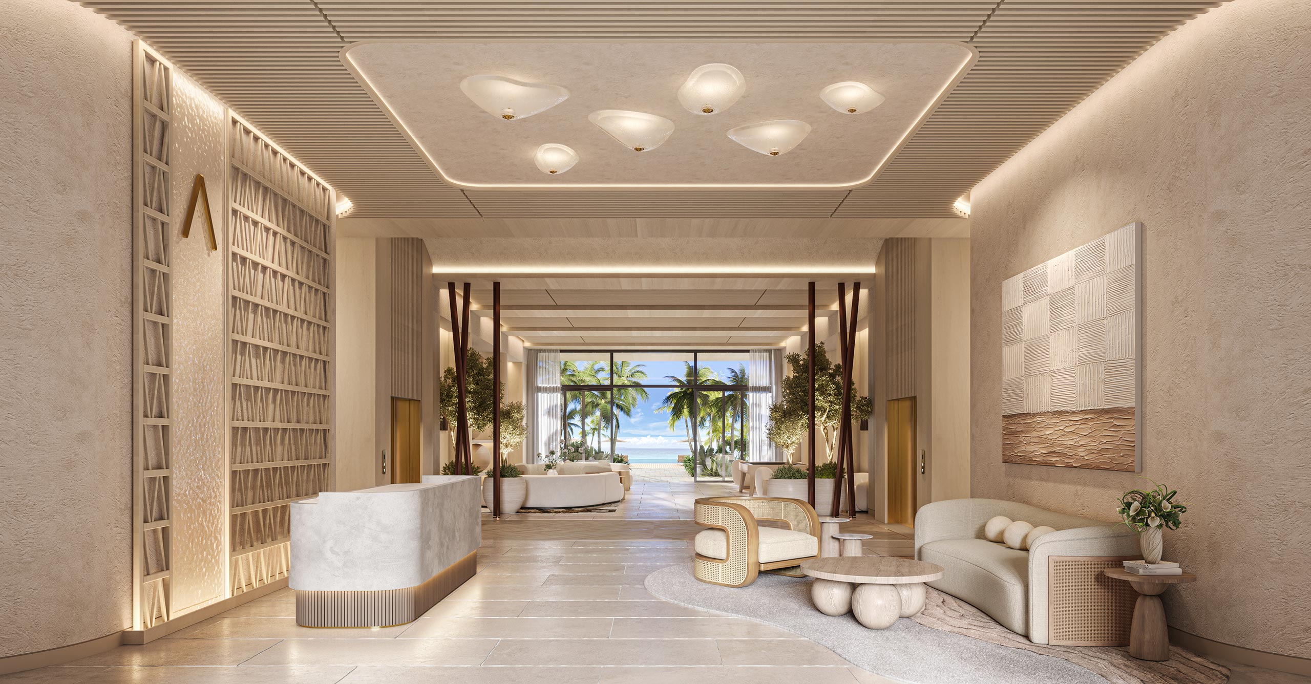Luxurious lobby with modern decor, neutral tones, and stylish furniture. Large windows showcase a view of palm trees and ocean, conveying tranquility.