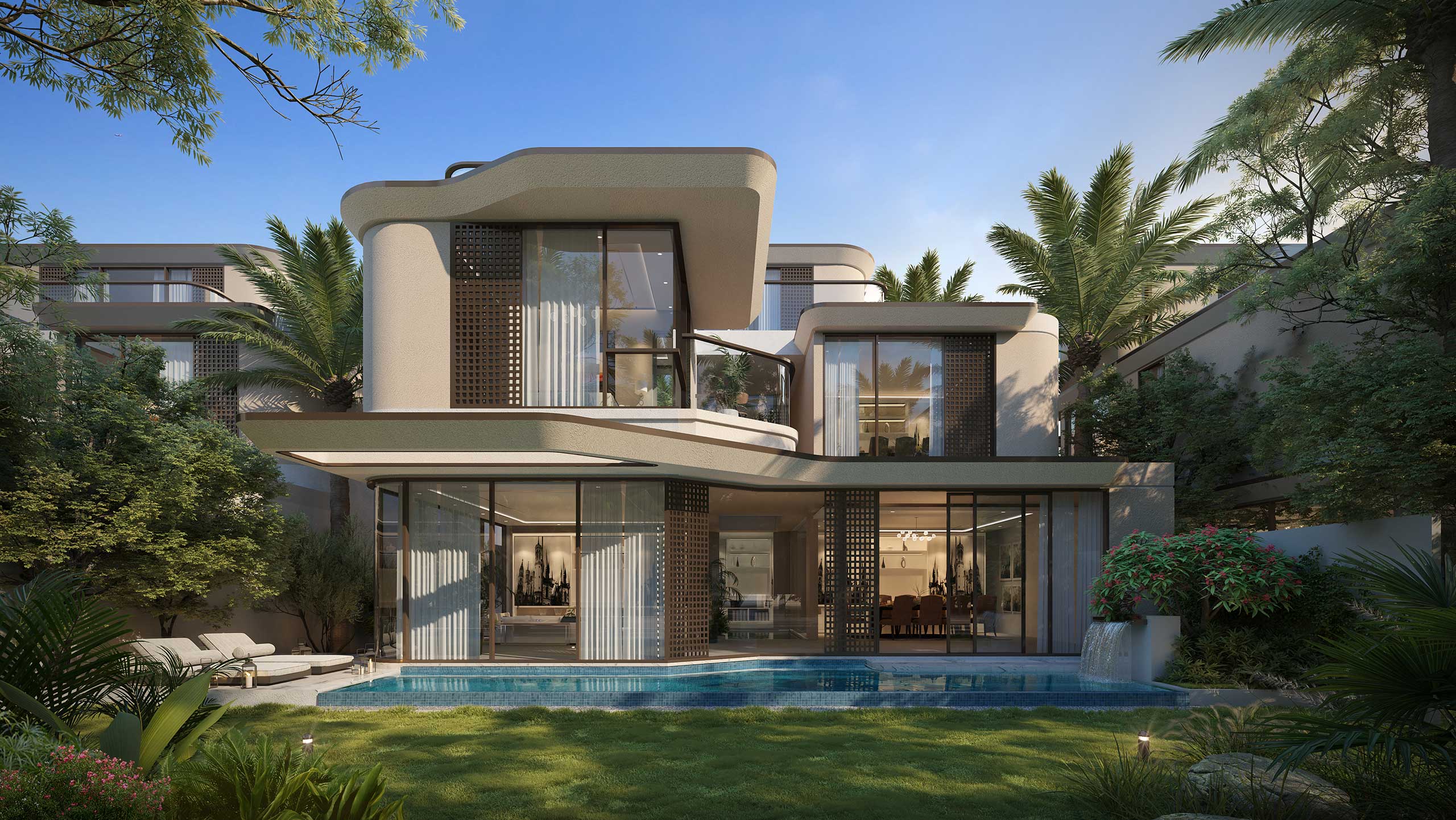 Modern two-story house with curved architectural design, large glass windows, and a swimming pool, surrounded by lush greenery and palm trees.