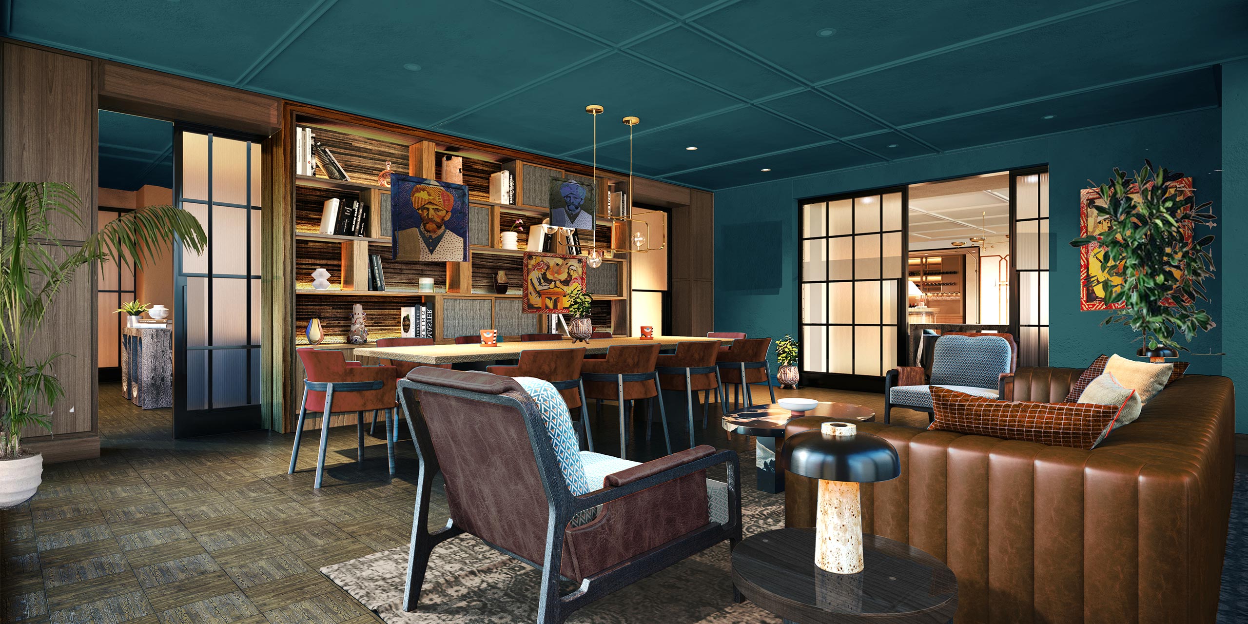 Stylish study with modern furniture, bookshelves adorned with colorful artwork, leather couches, and soft lighting, creating a cozy, artistic ambiance.