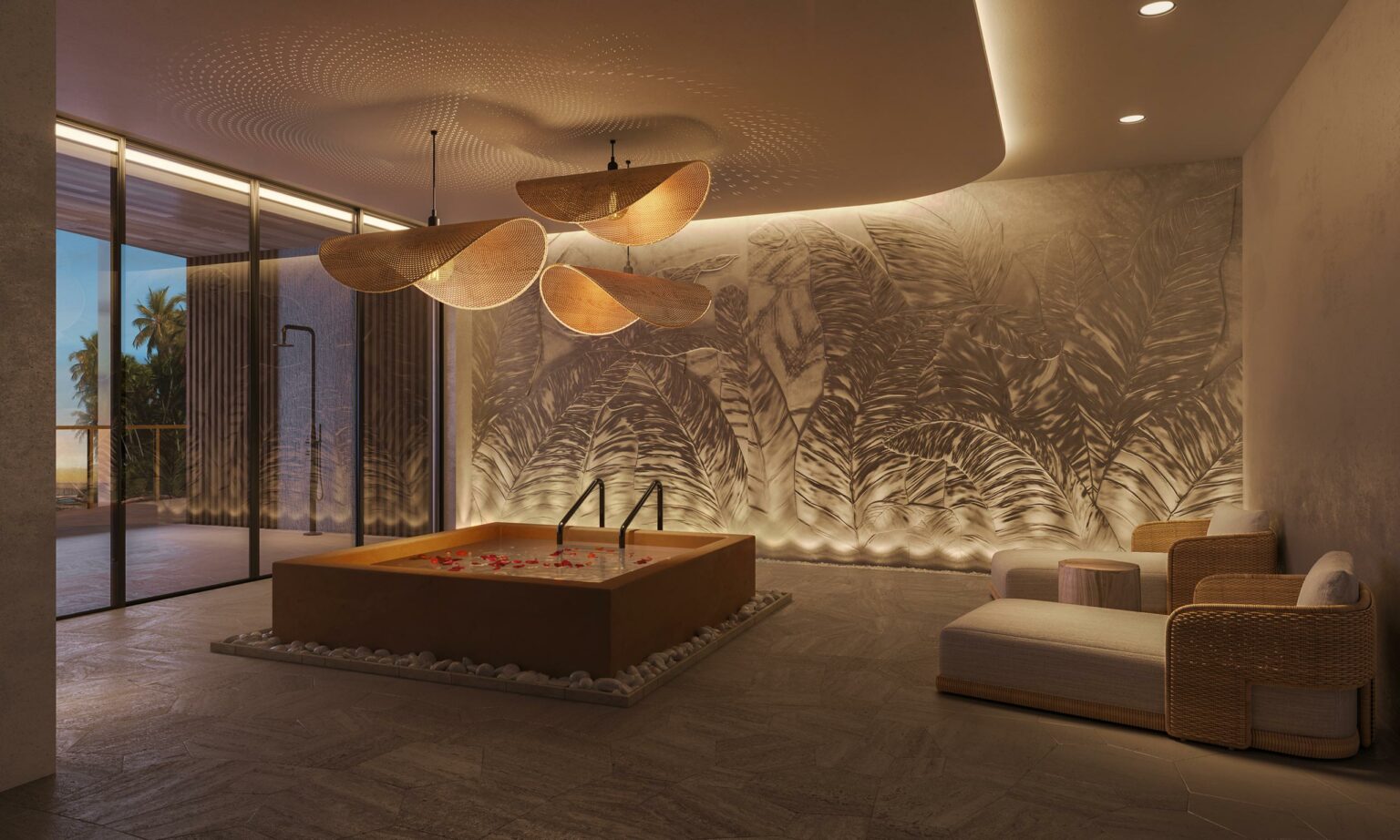 Luxurious home spa room with a serene ambiance. Features a central hot tub, intricate leaf-patterned wall, elegant wicker furniture, and soft, warm lighting.