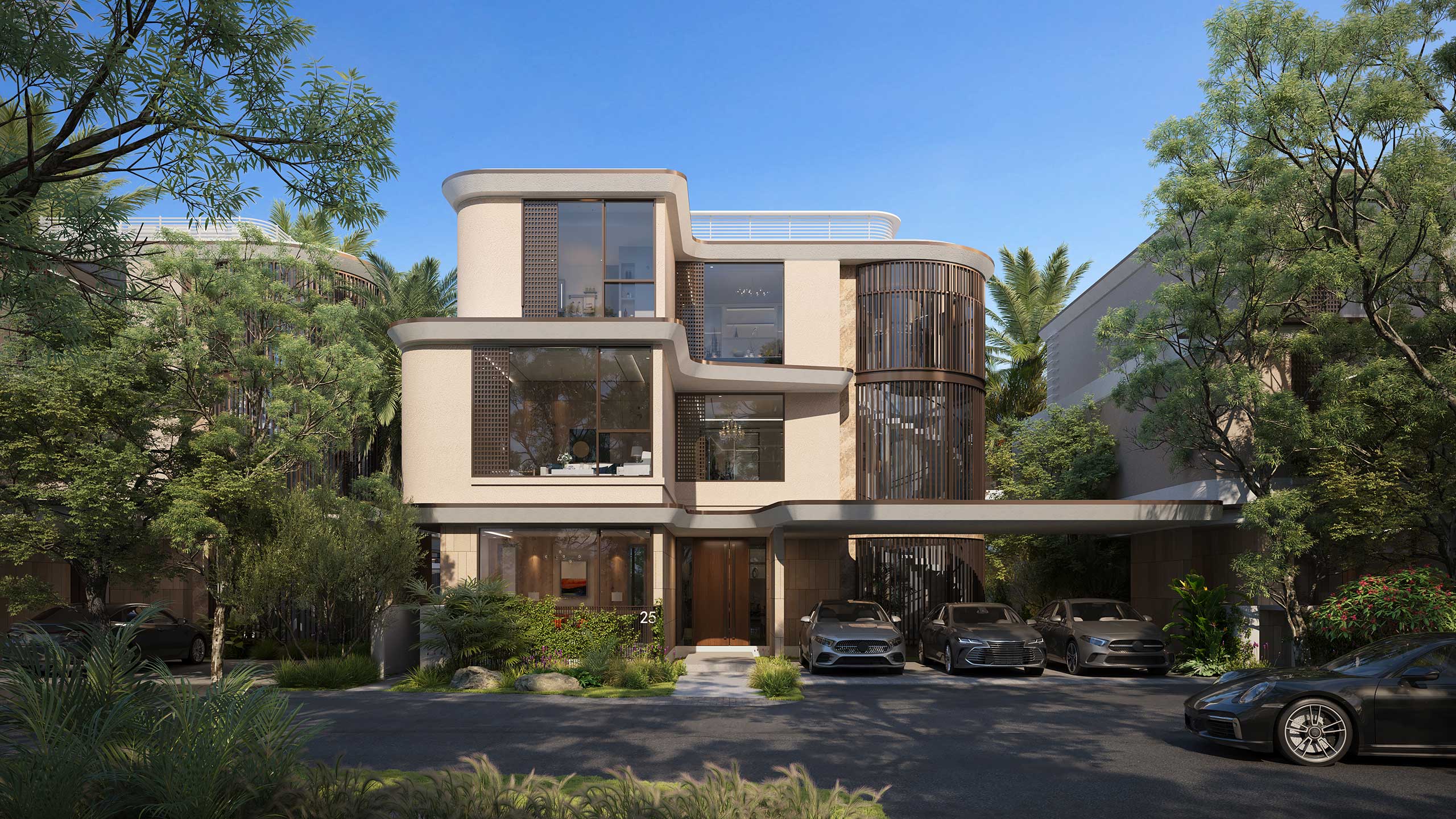 Modern three-story house with large windows, sleek curves, and neutral tones. Three luxury cars parked in the driveway, surrounded by greenery.