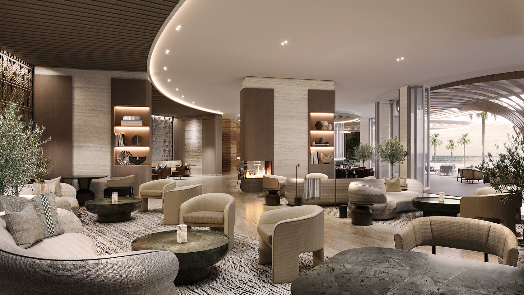 Modern residential lobby with plush beige chairs, dark marble tables, and a central fireplace. Shelves with decor items create a cozy, luxurious ambiance.
