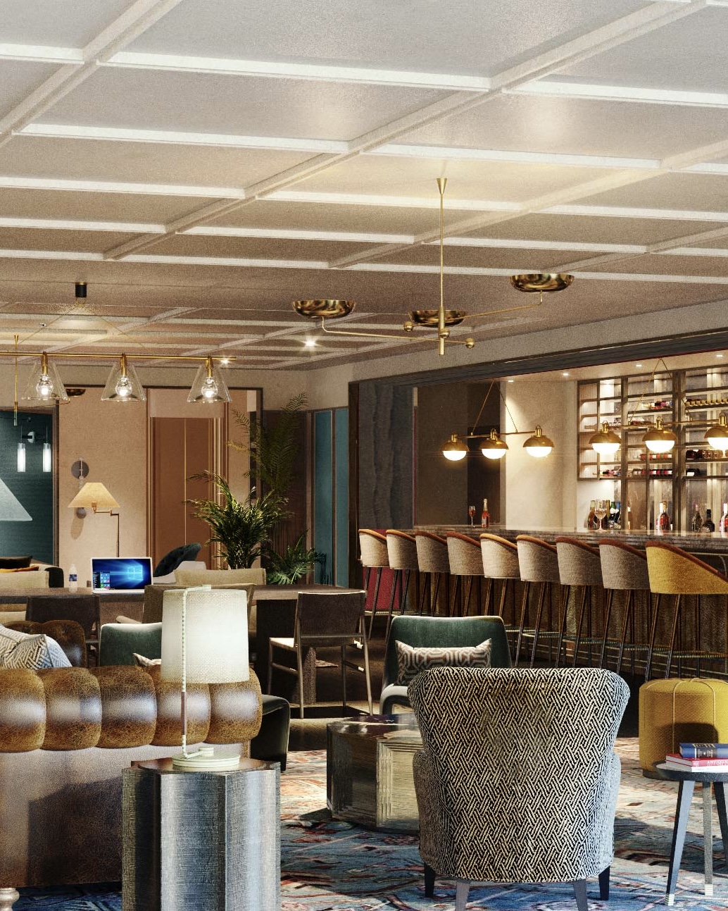 Stylish lounge with plush brown leather sofa, patterned chairs, and a wooden bar. Warm lighting, elegant decor, and bookshelves create a cozy atmosphere.