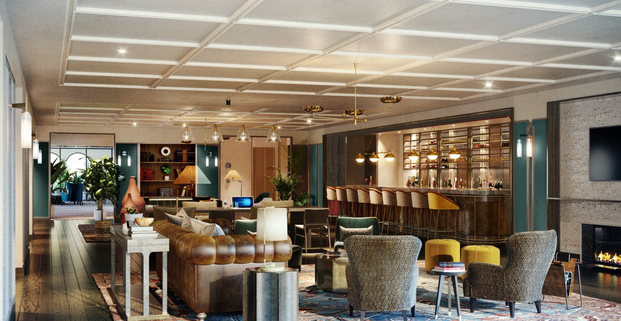 Stylish lounge with plush brown leather sofa, patterned chairs, and a wooden bar. Warm lighting, elegant decor, and bookshelves create a cozy atmosphere.