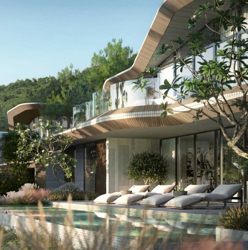 Modern hotel with glass walls, curved roof, and lounge chairs beside an outdoor pool. Surrounded by lush greenery and hills under a clear sky.