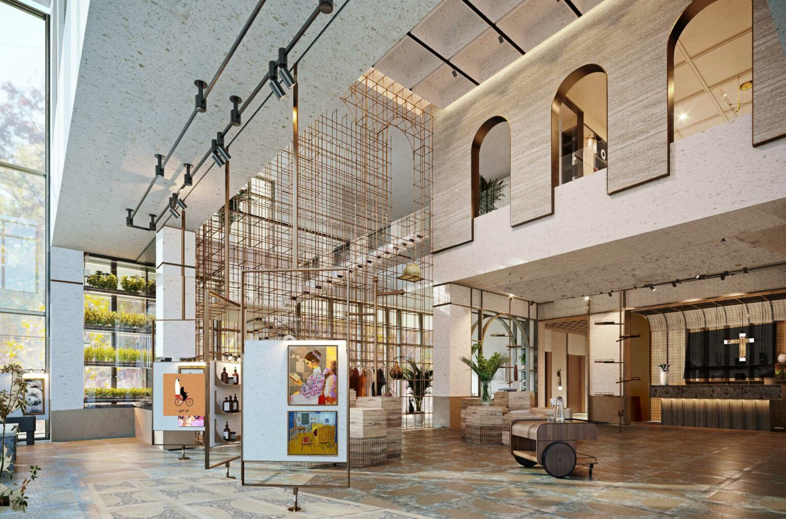 Spacious modern lobby with high ceilings, artistic decor, and large windows. Light floods in, highlighting elegant arches and a sleek, serene atmosphere.