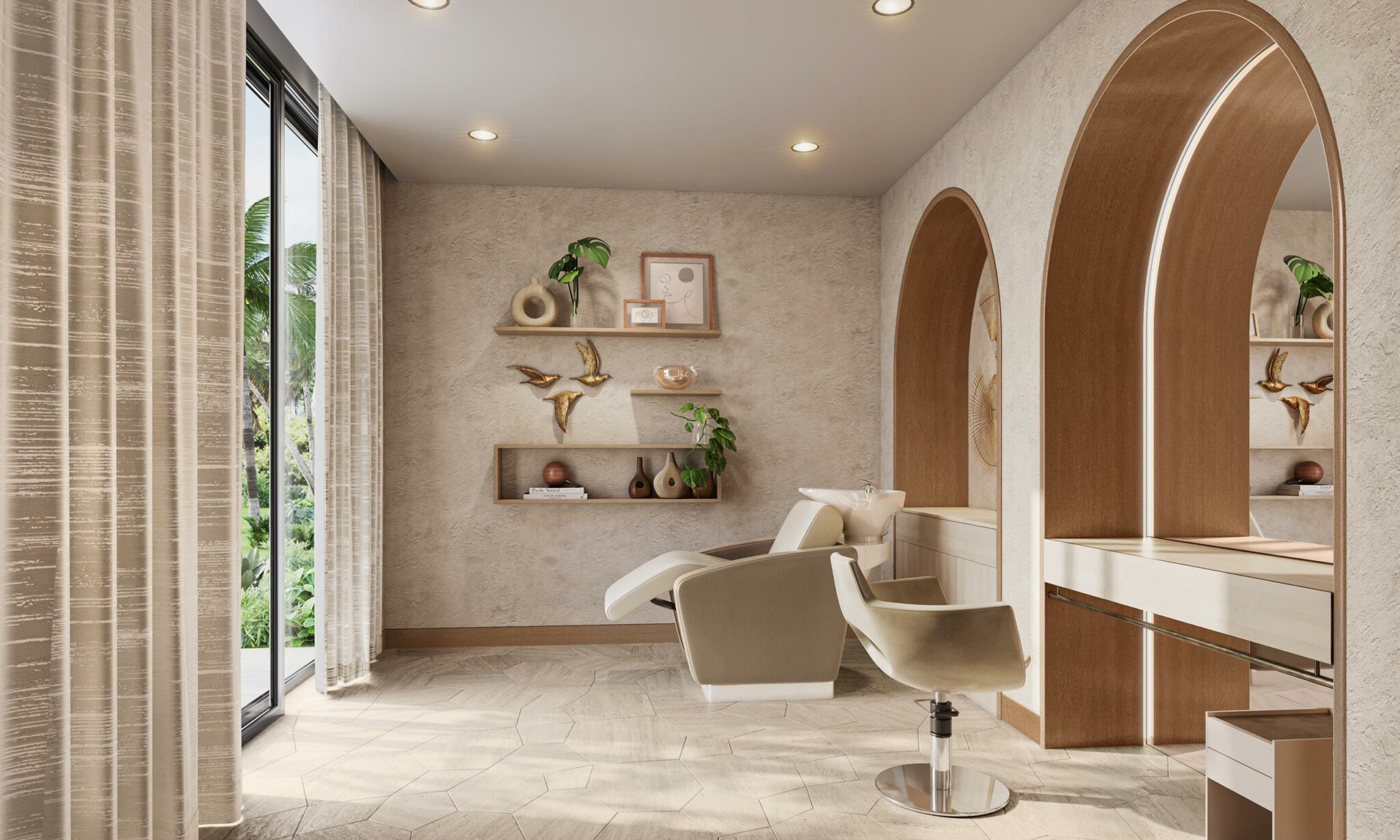 Modern home salon interior with beige tones, featuring stylish chairs, arched mirrors, decorative shelves with plants, and a large window with curtains. Cozy and elegant atmosphere.