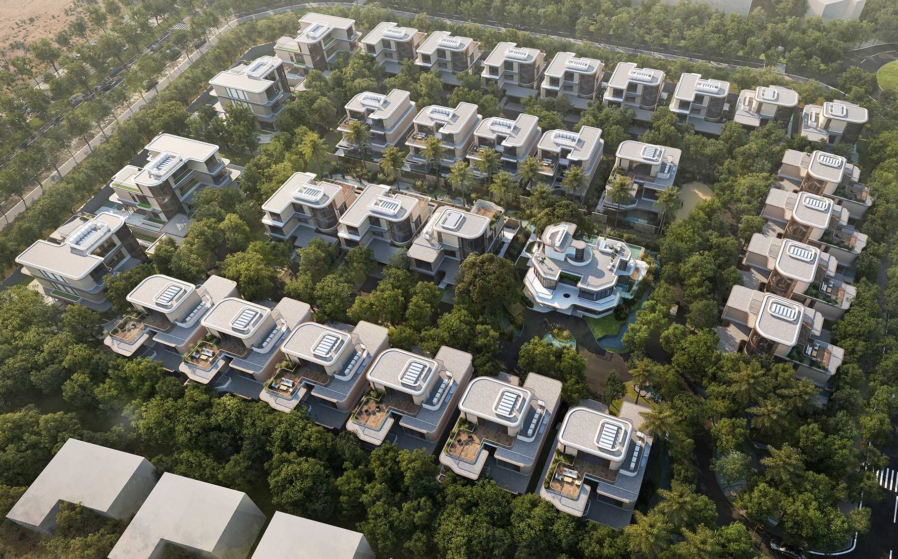 Aerial view of a modern luxury residential complex with uniform white-roofed houses surrounded by lush green trees, conveying a serene suburban atmosphere.