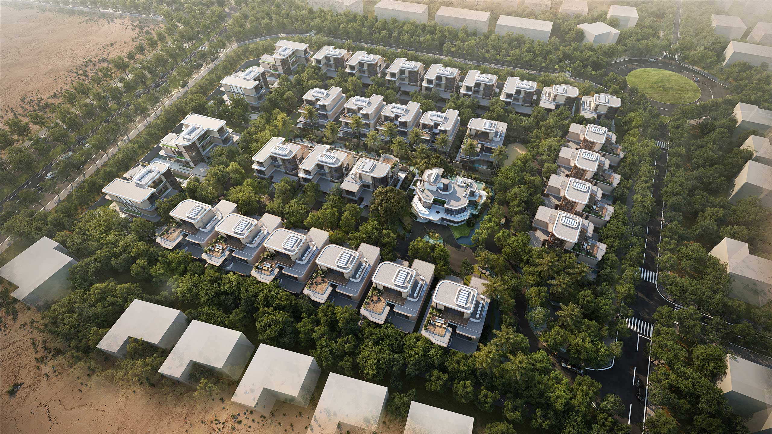 Aerial view of a modern luxury residential complex with uniform white-roofed houses surrounded by lush green trees, conveying a serene suburban atmosphere.