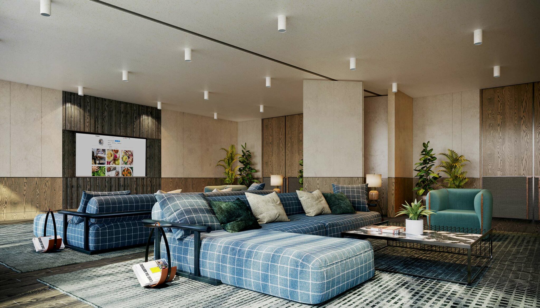A modern lounge features plaid sofas, accent chairs, and potted plants. A wall-mounted screen displays food images. The atmosphere is cozy and inviting.