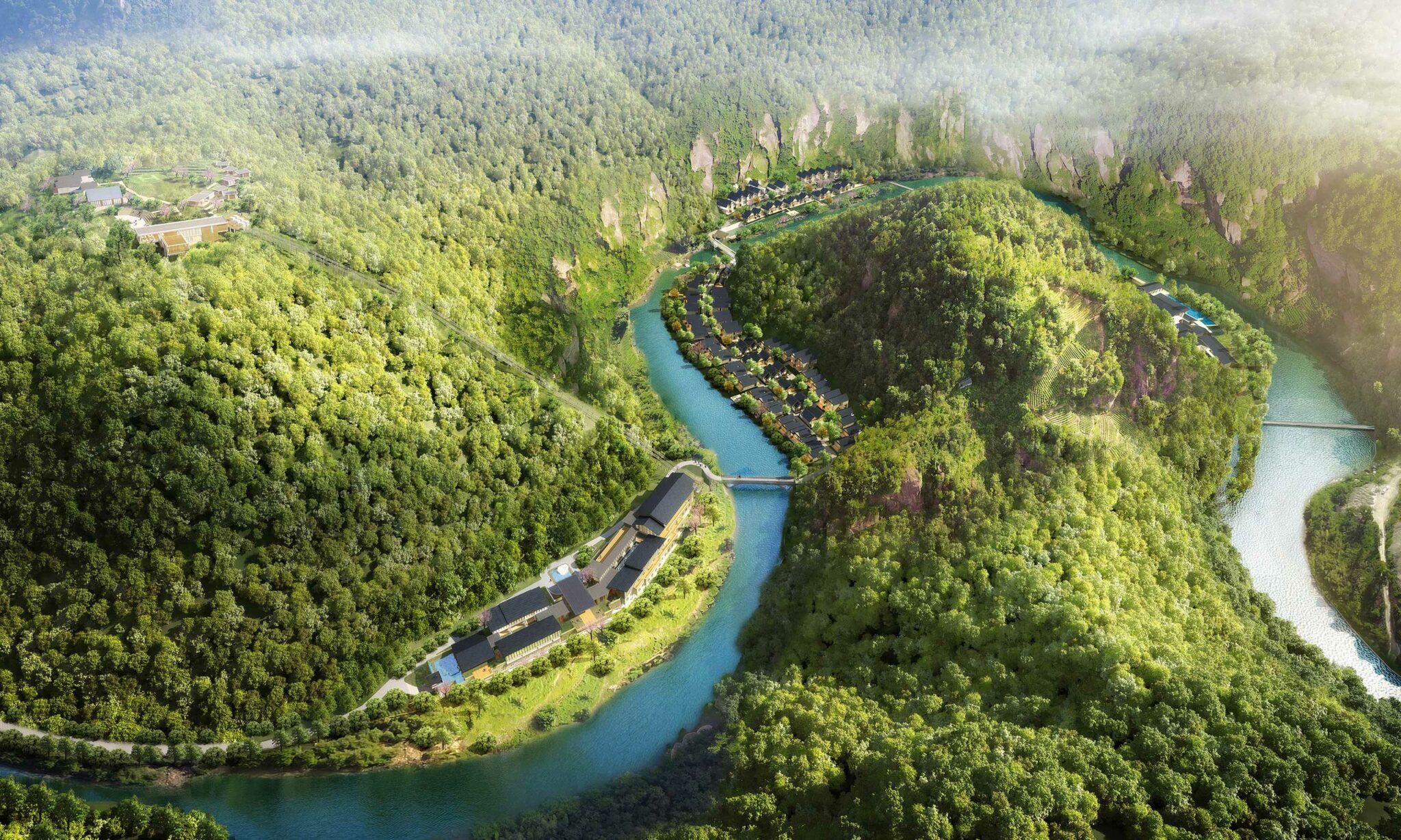 Aerial view of a lush, green valley with a winding river, surrounded by dense forests. Buildings with dark roofs line the riverbank, blending with nature. Peaceful and serene atmosphere.