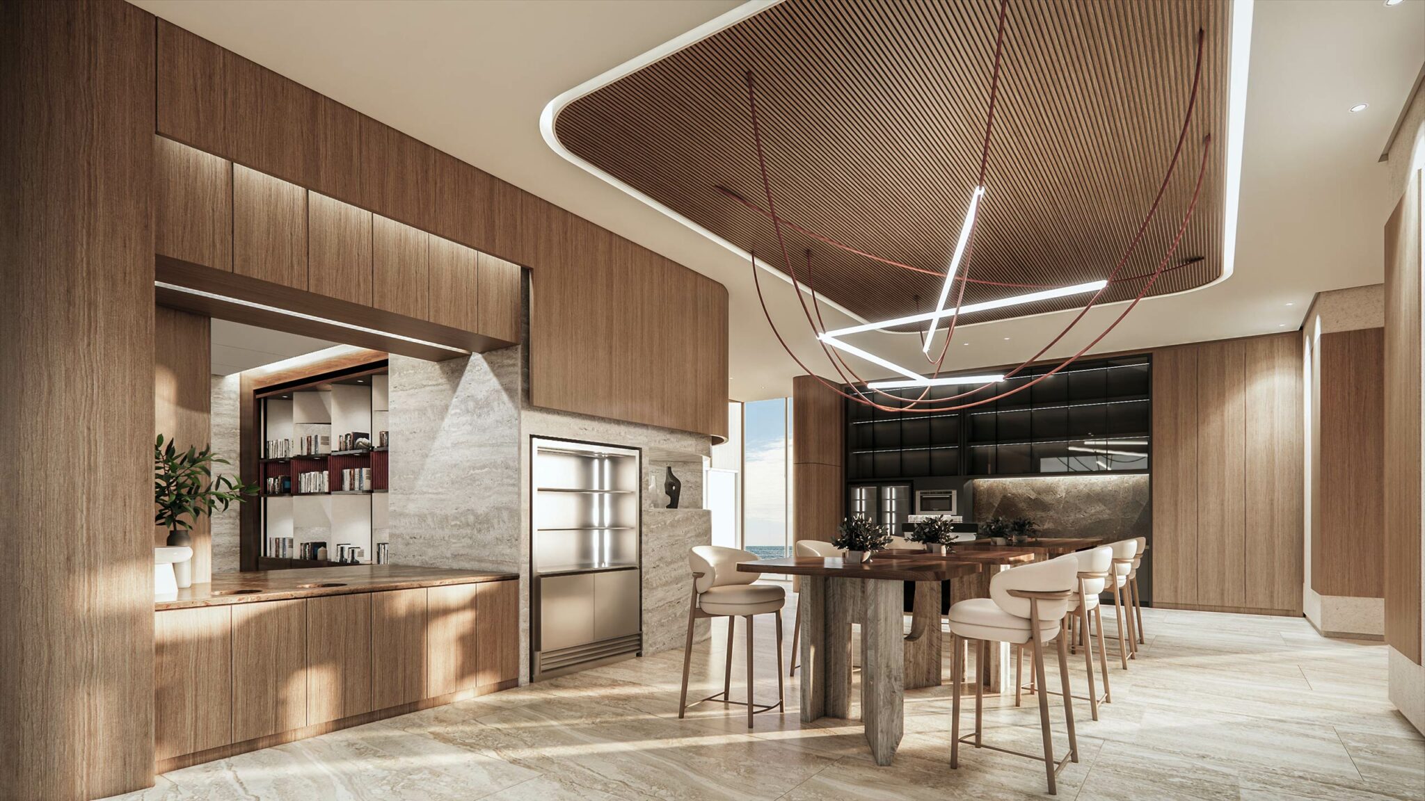 Residential modern co-working space with wood cabinetry, beige tones, and sleek lighting. A large dining table with white chairs sits centrally, creating an inviting atmosphere.